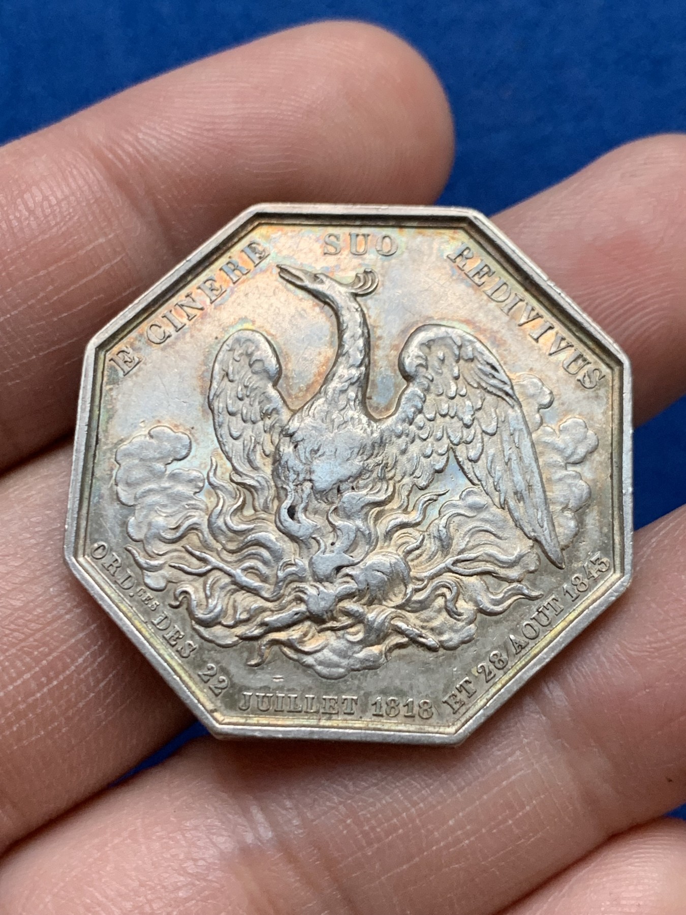 《竞宝斋》第262场-周日，周一，周二 3场连拍 (全场包邮) 法国塞纳河火灾保险公司凤凰八角银质代币，16.75克，34.5mm，船首边铭银标