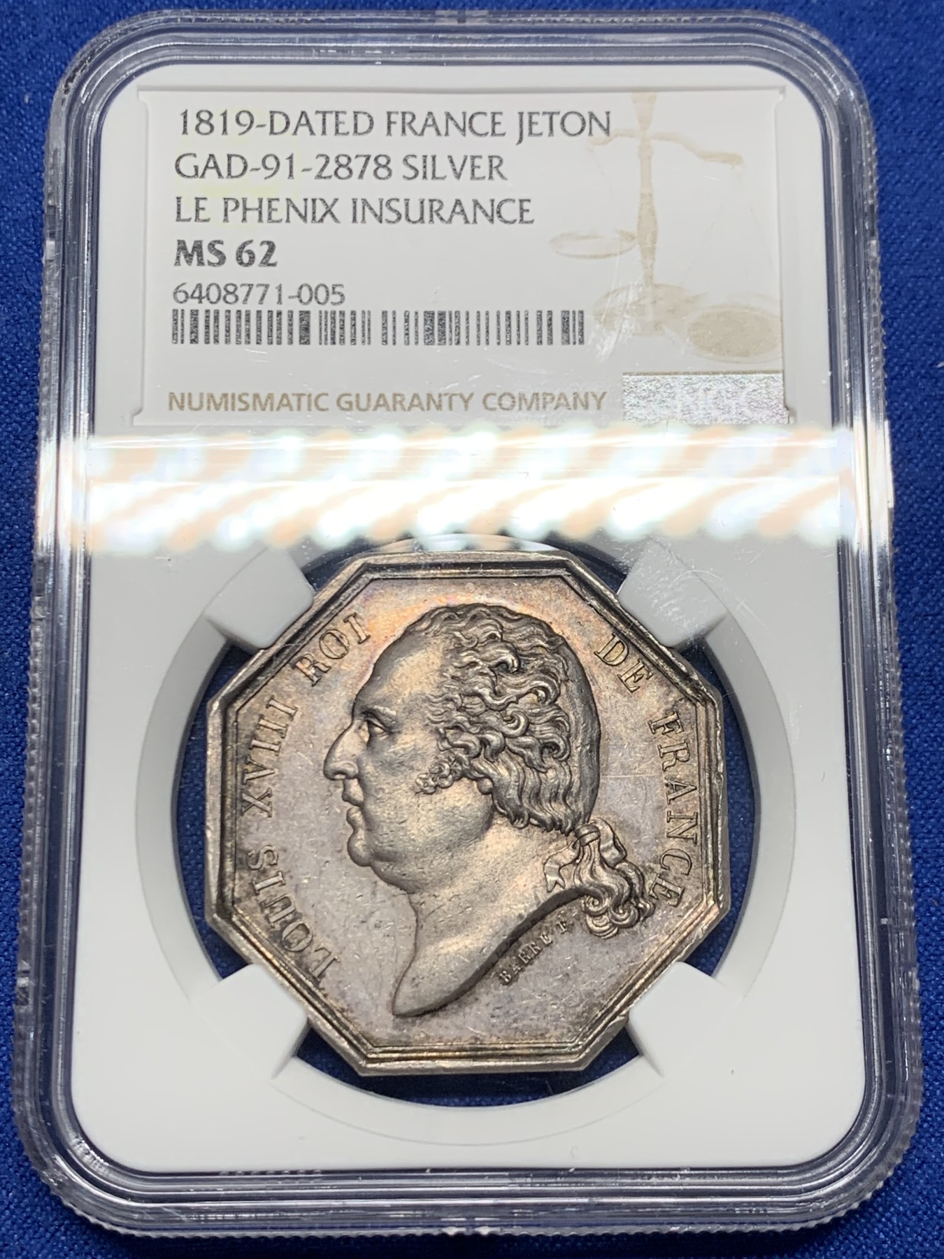 《竞宝斋》第262场-周日，周一，周二 3场连拍 (全场包邮) NGC MS62 法国1819路易十八凤凰火灾保险公司八角银质代币