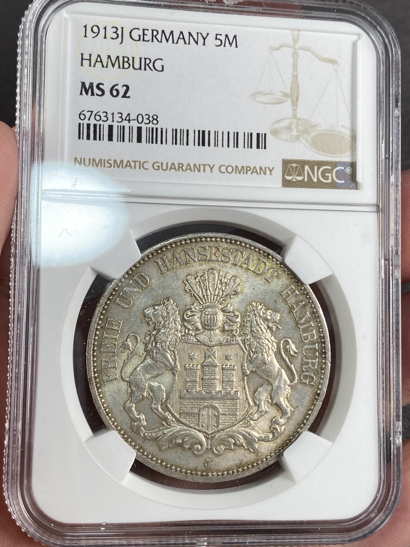 万国钱币拍卖第024期（诸神之战） NGC MS62 1913汉堡自由市流通5马克 原味黄油光。