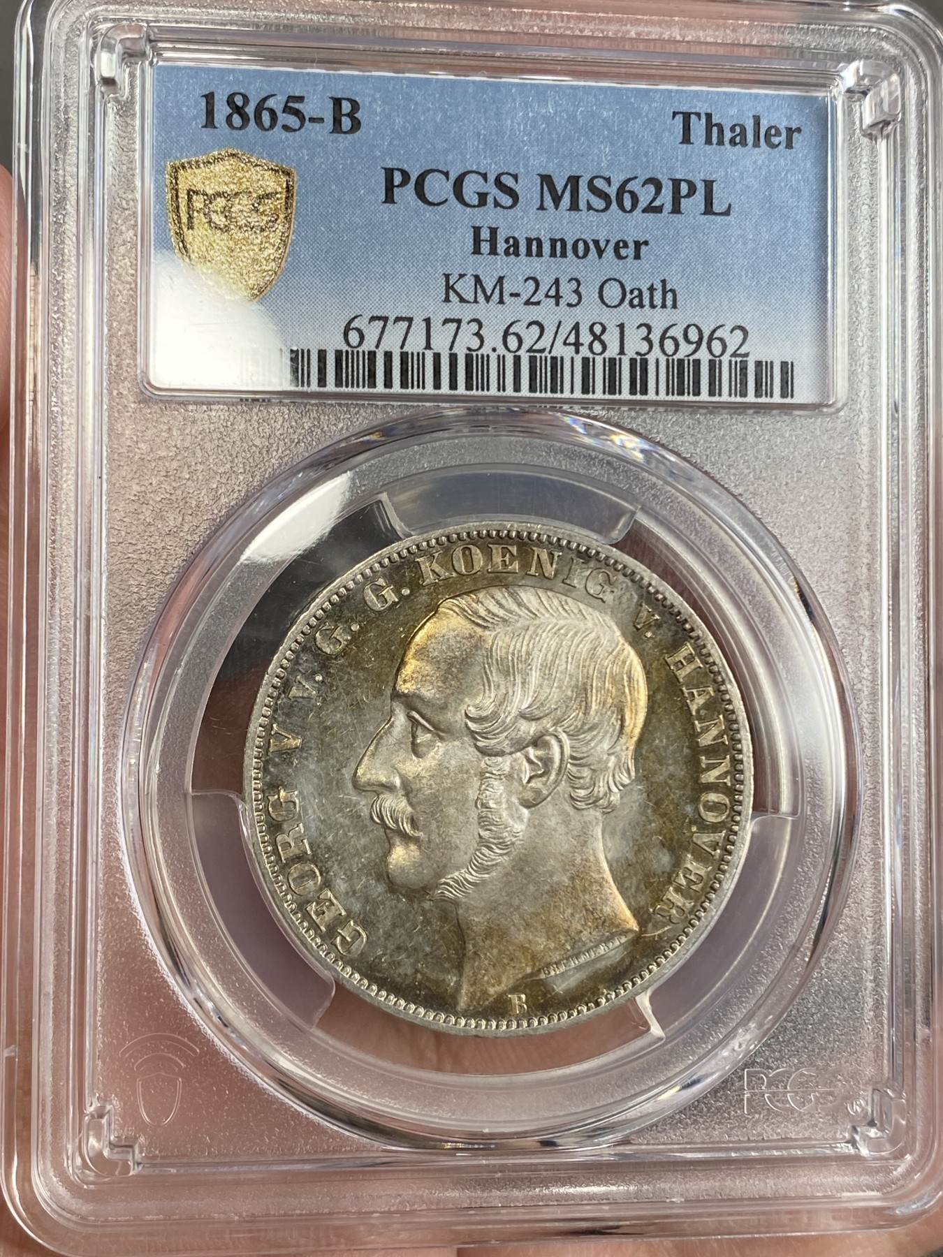 万国钱币拍卖第024期（诸神之战） PCGS MS62PL 1865年德国汉诺威橡树箴言1泰勒 近几年很难再见到BU品质 2000的发行量使得大部分高品都被珍藏住 此枚浑身金彩 高点锋利如刀 绝对是一枚亦藏亦赏亦玩的选择