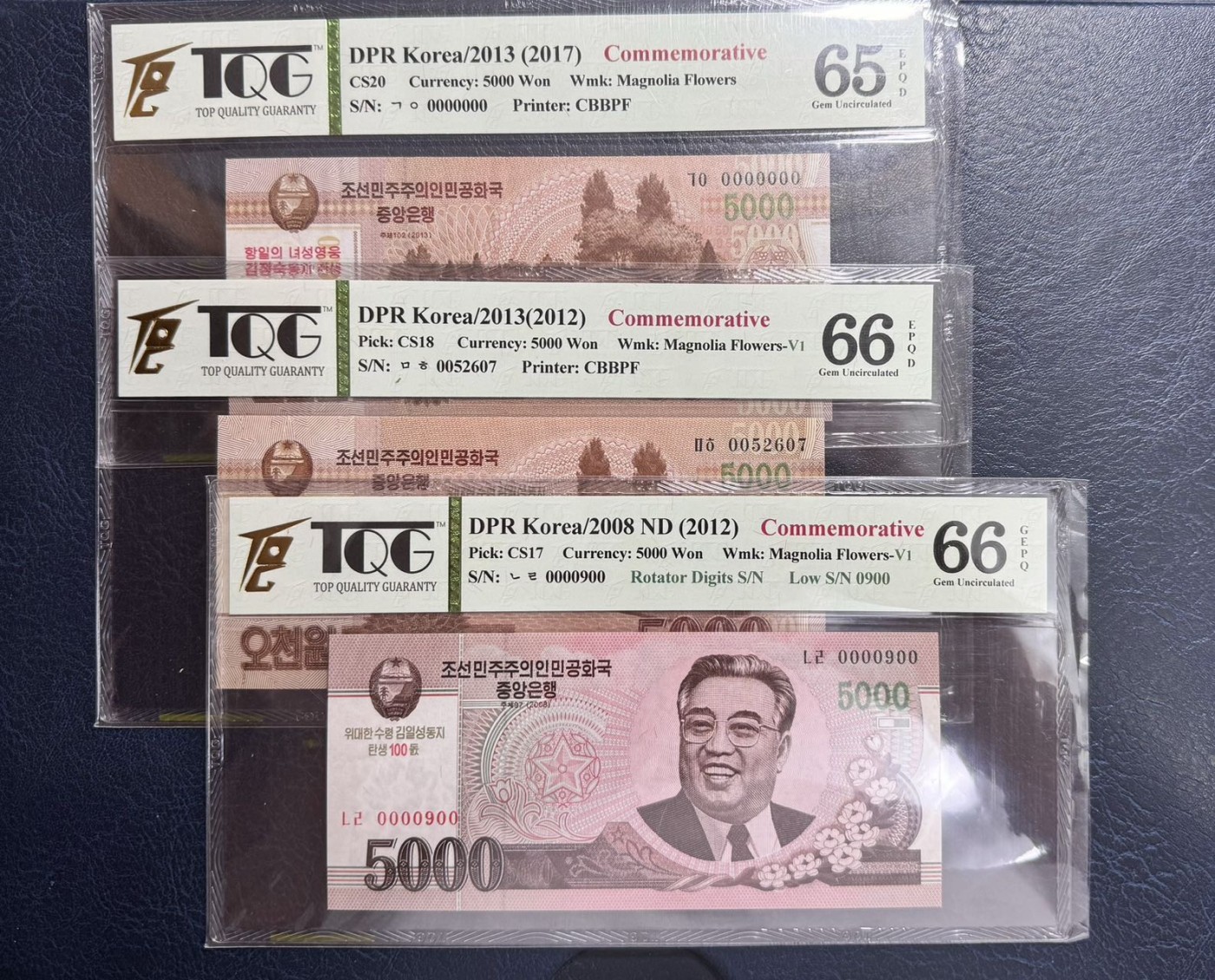 收藏联盟Quantum Auction 第340期拍卖  朝鲜2012年5-5000元金日成诞辰100周年纪念（含证书） TQG 65-66 GEPQ/D 多数为百位号 个别全同号，倒置号 细节如图
