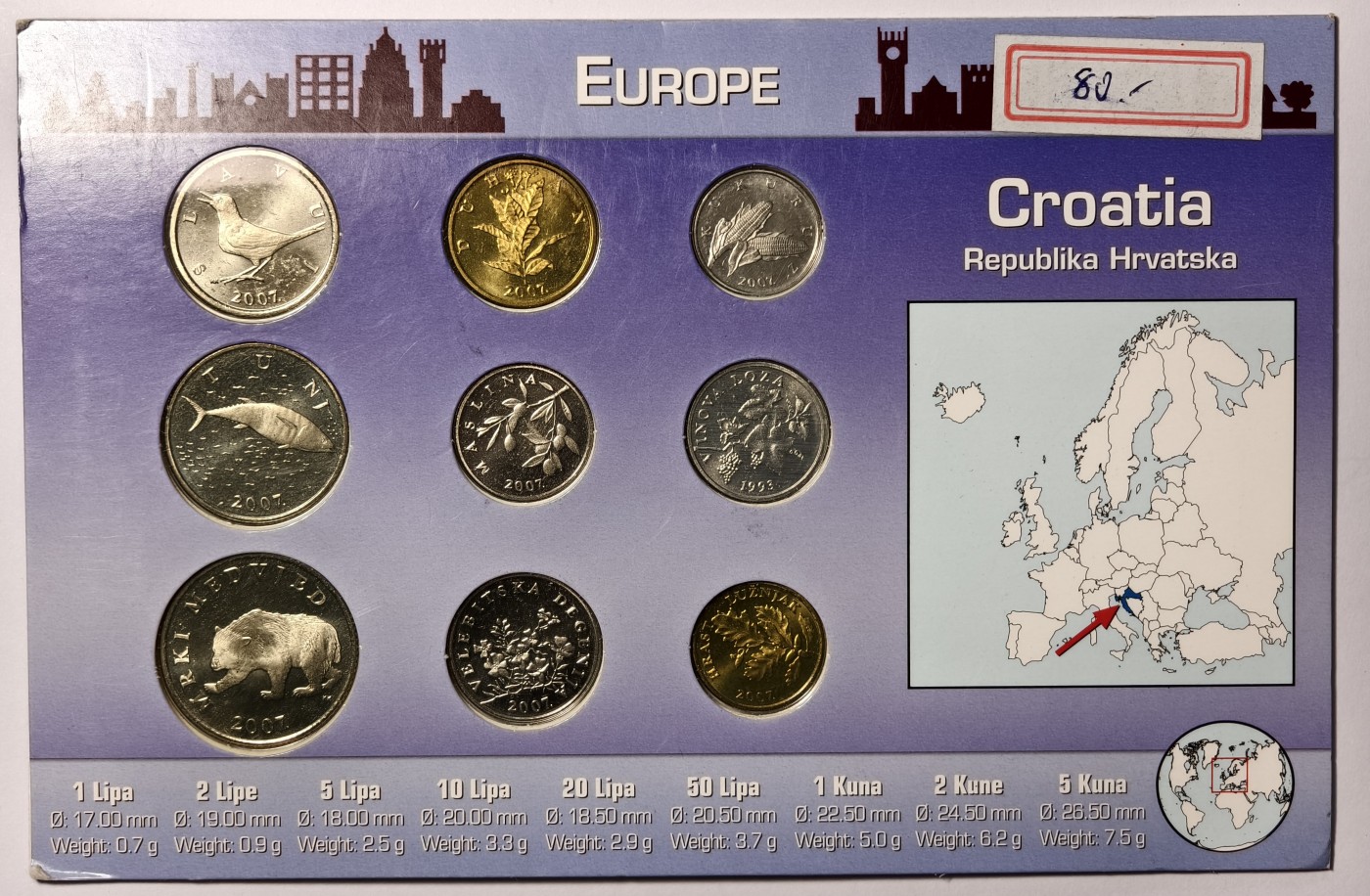 紫瑗钱币——第342期拍卖 克罗地亚 欧元之前 流通硬币 9枚套 带说明书 UNC