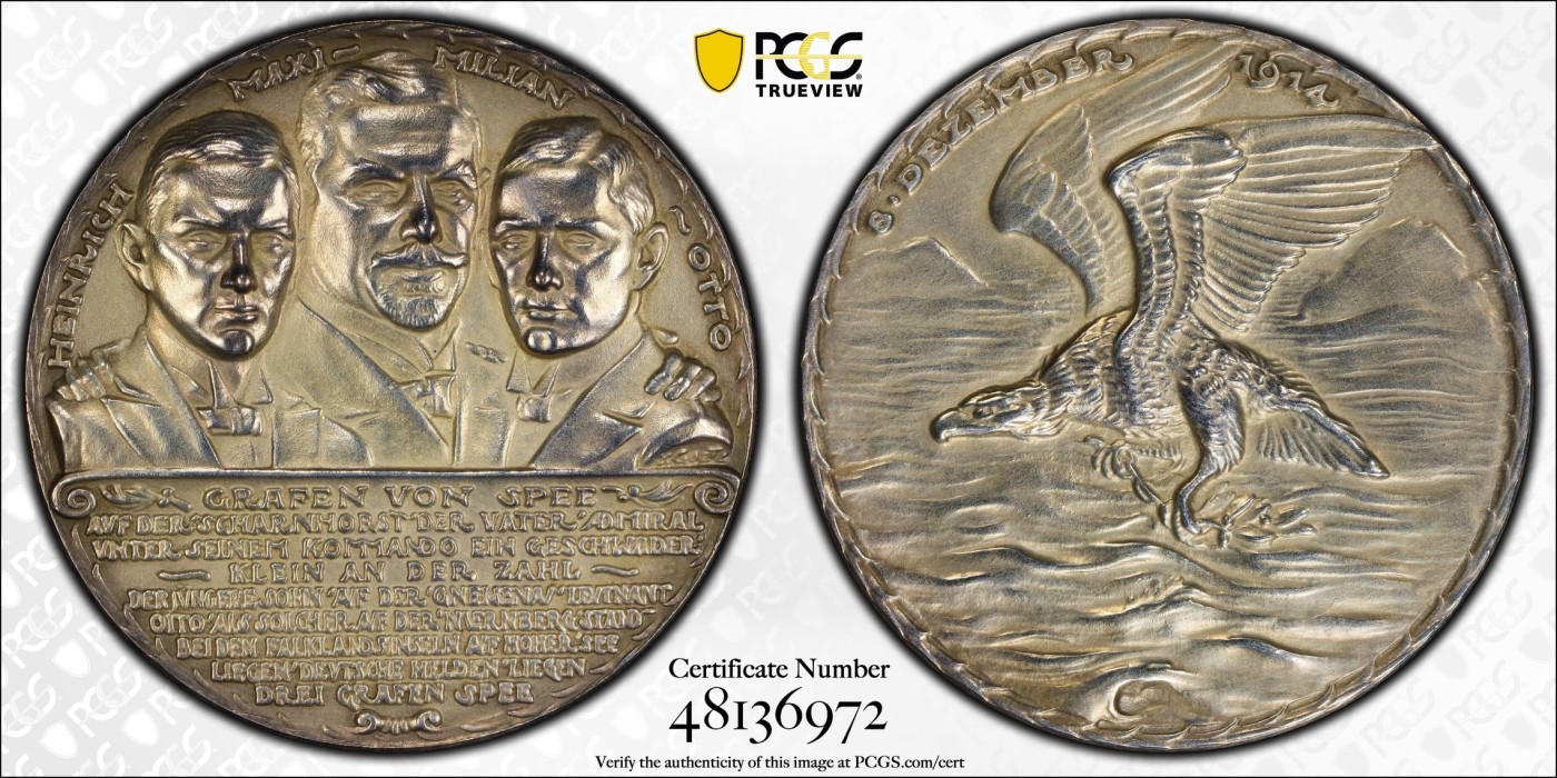 万国钱币拍卖第024期（诸神之战） PCGS SP61 1914年德国海军上将马克西米利安·冯·斯佩伯爵及其儿子海因里希和奥托在福克兰群岛战役中殉国纪念大银章 卡尔哥茨经典设计之一 45MM 35G 帝国雄鹰的陨落 