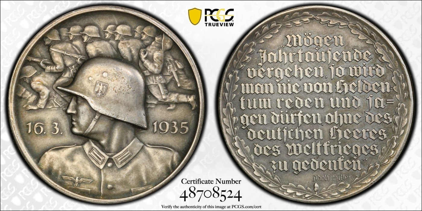 万国钱币拍卖第024期（诸神之战） PCGS SP58 1935年德国全国总动员纪念银章 元首亲签的动员令 原味高浮雕 