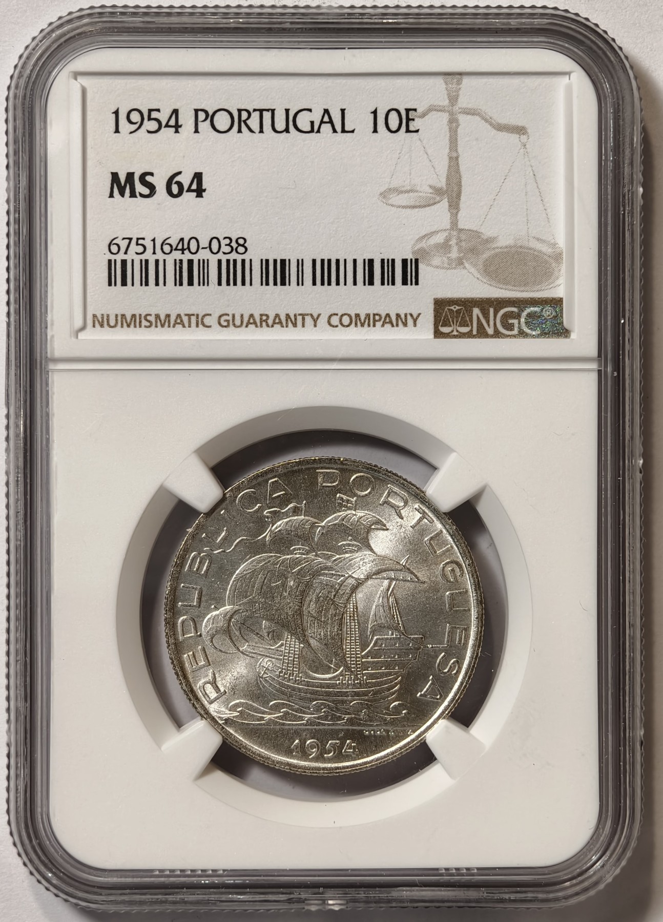 紫瑗钱币——第360期拍卖 葡萄牙 1954年 帆船  10埃斯库多 银币 NGC  MS64