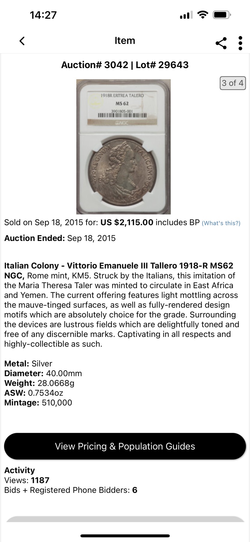 万国钱币拍卖第024期（诸神之战） PCGS MS62 1918年意属厄立特里亚1泰勒 意大利名誉品种 金彩环绕 实物状态非常炸裂 15年HA同分成交价2100美金