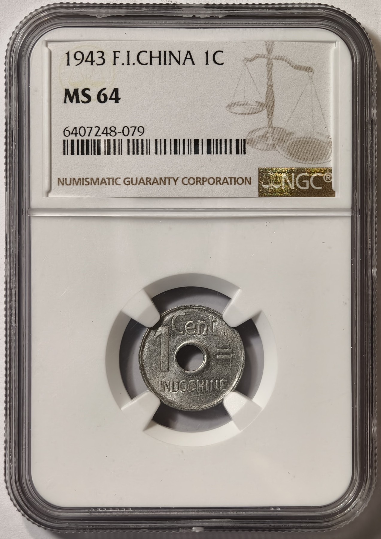 紫瑗钱币——第342期拍卖 法属印度支那 1943年 中孔 1分 铝币 NGC MS64