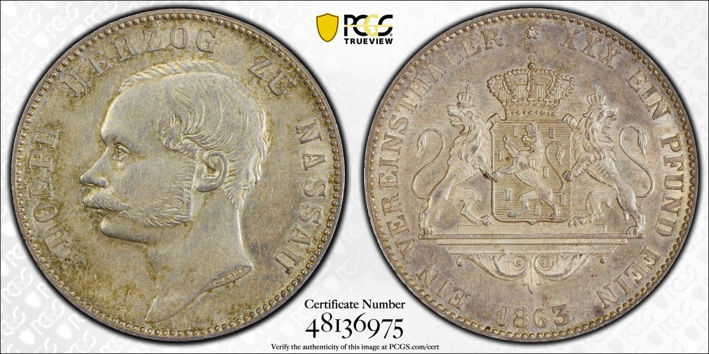 万国钱币拍卖第024期（诸神之战） PCGS AU58 1863年德国拿骚公国双狮流通1泰勒 流通比加冕25周年纪念币难10倍 此枚高点轻微磨损 胜在原味紫彩 打制深俊 