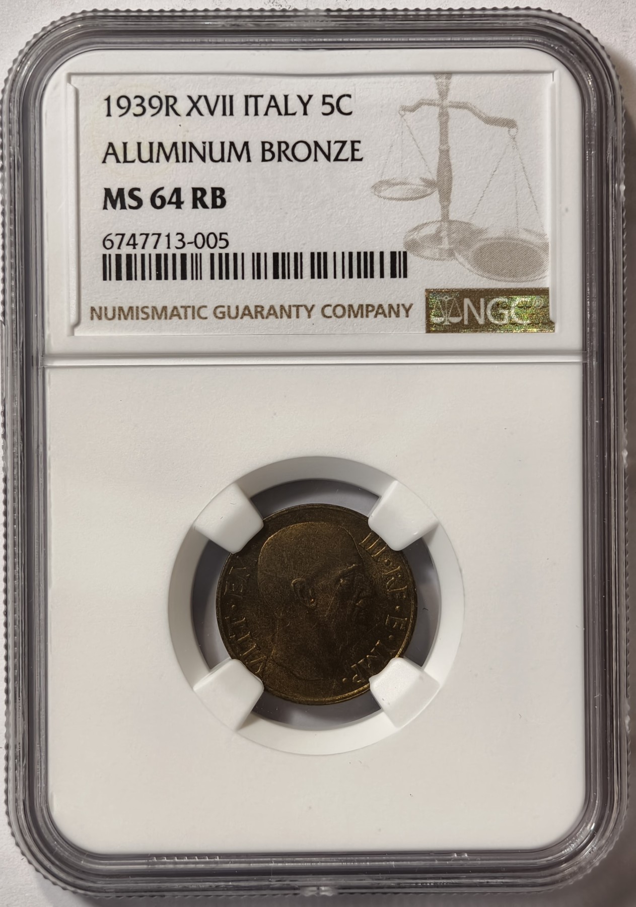 紫瑗钱币——第342期拍卖 意大利 1939年 伊曼纽尔三世 5分 铜币 NGC MS64 RB