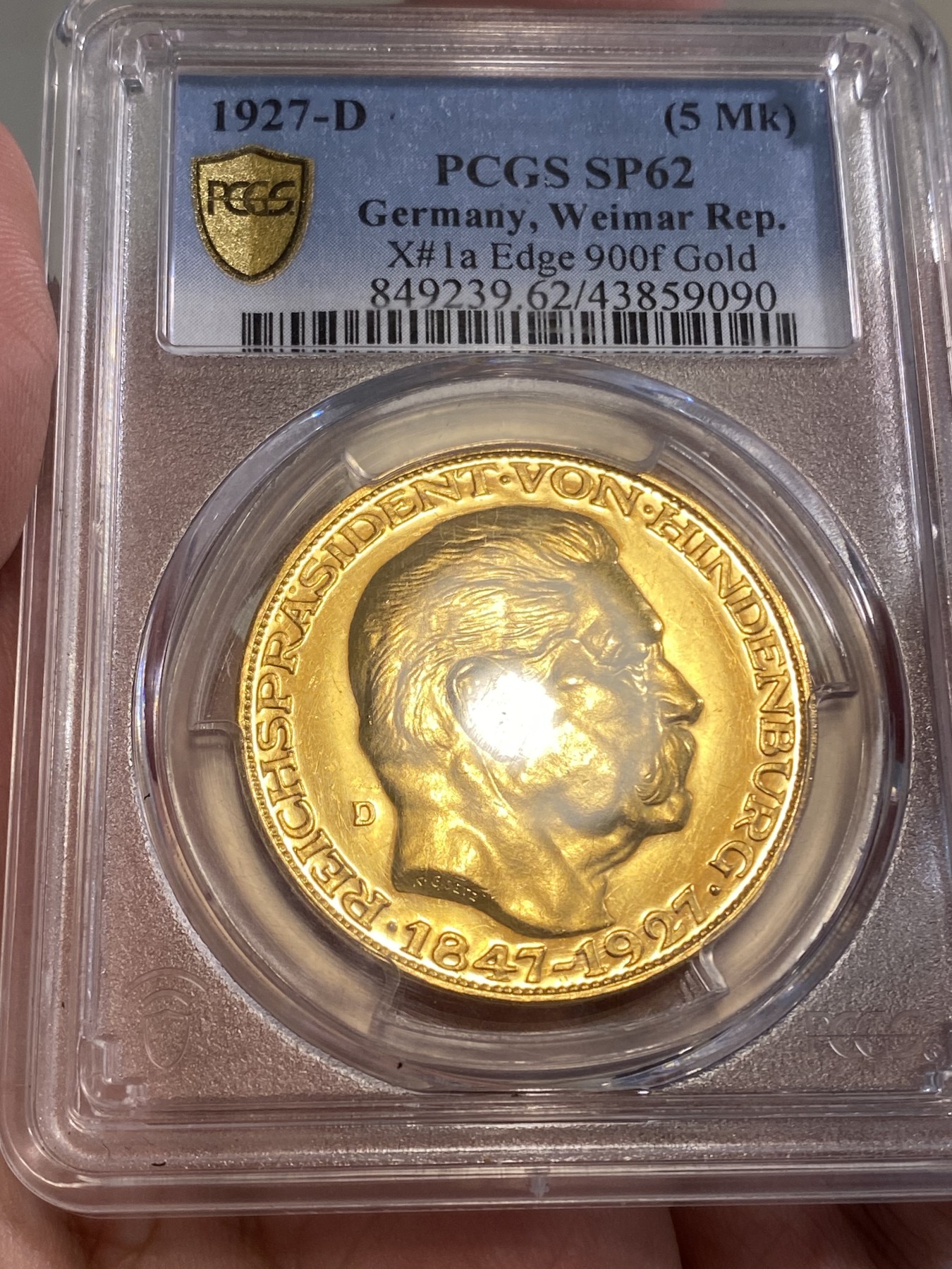 万国钱币拍卖第024期（诸神之战） PCGS SP62 1927年德国魏玛共和国兴登堡总统80大寿金质5马克币章 卡尔哥茨设计，大名誉品种，高点无损，底板镜面，22.4g大型金章，收藏与抗风险佳品，22年条顿堡裸章成交价约2.5万。