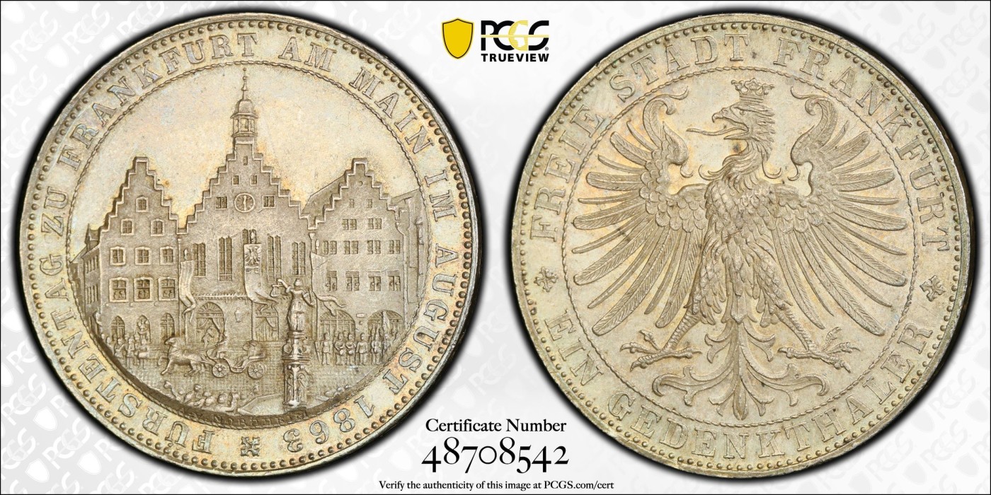 万国钱币拍卖第024期（诸神之战） PCGS MS63 1863年德国法兰克福自由市王子会议景观1泰勒 名誉品种 原味青衣包浆裹身 实物状态非常赞