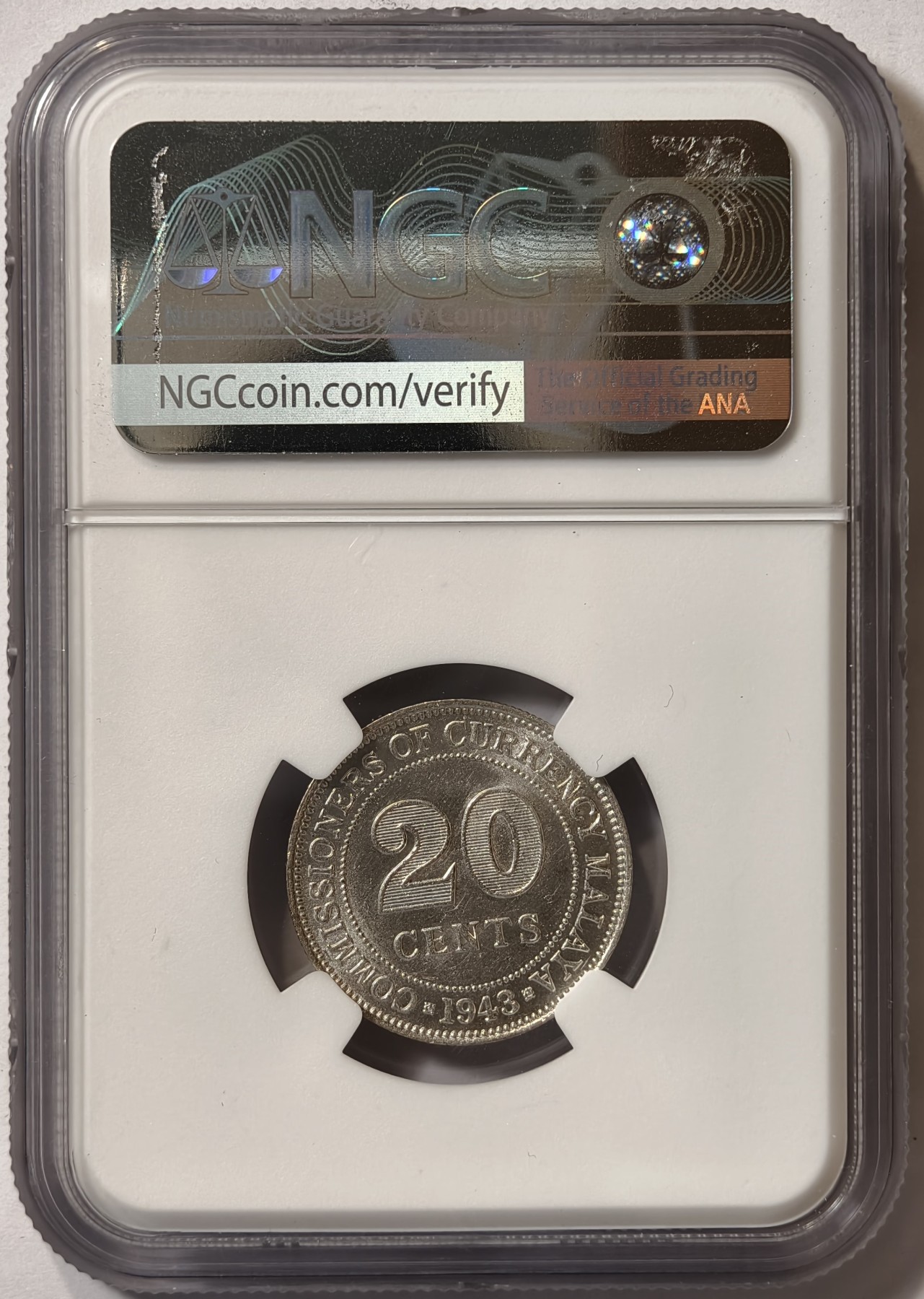 紫瑗钱币——第342期拍卖 马来亚 1943年 乔治六世 20分 银币 NGC AU58