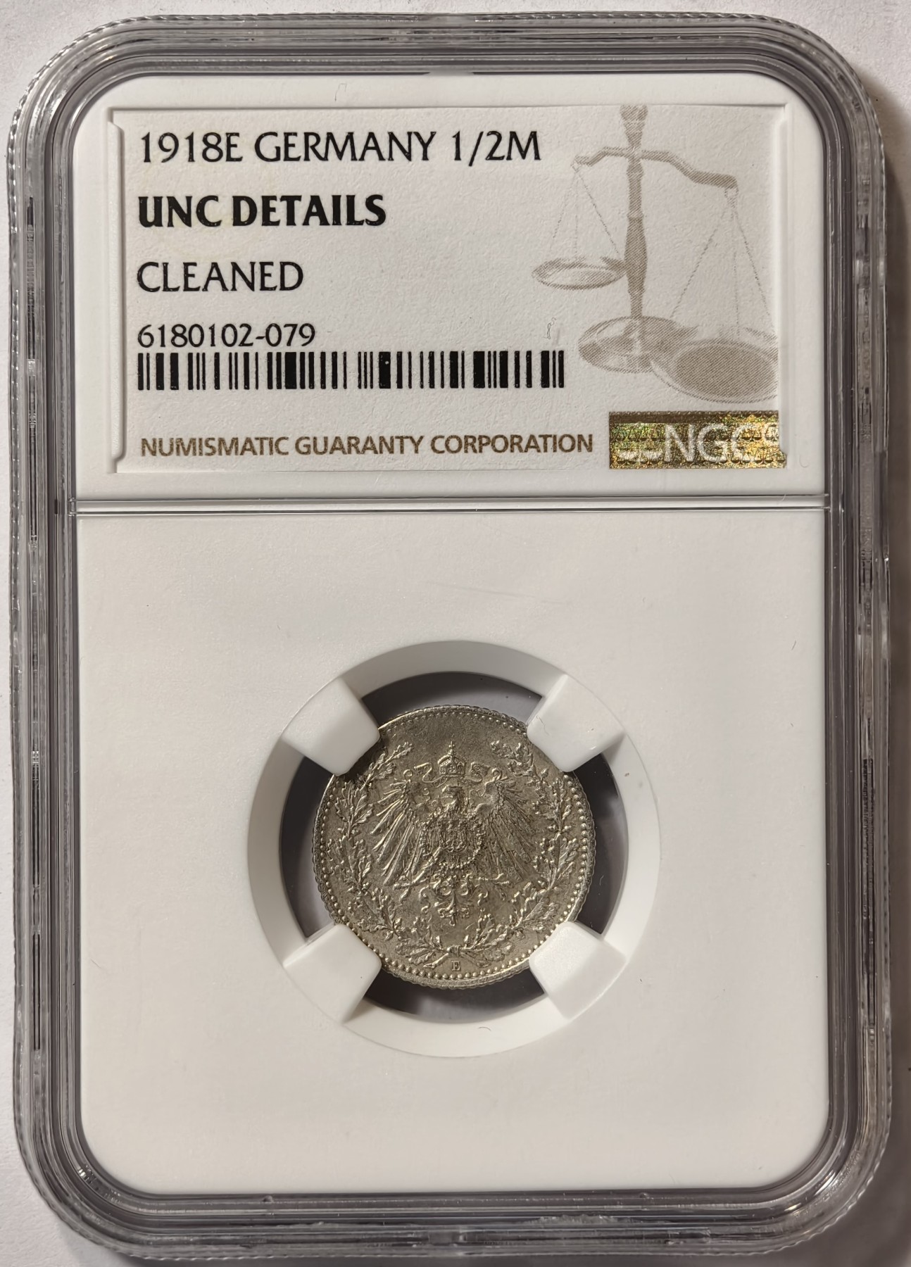 紫瑗钱币——第342期拍卖 德国 1918年 E版 第二帝国 1/2马克 银币 NGC  UNC DETAILS