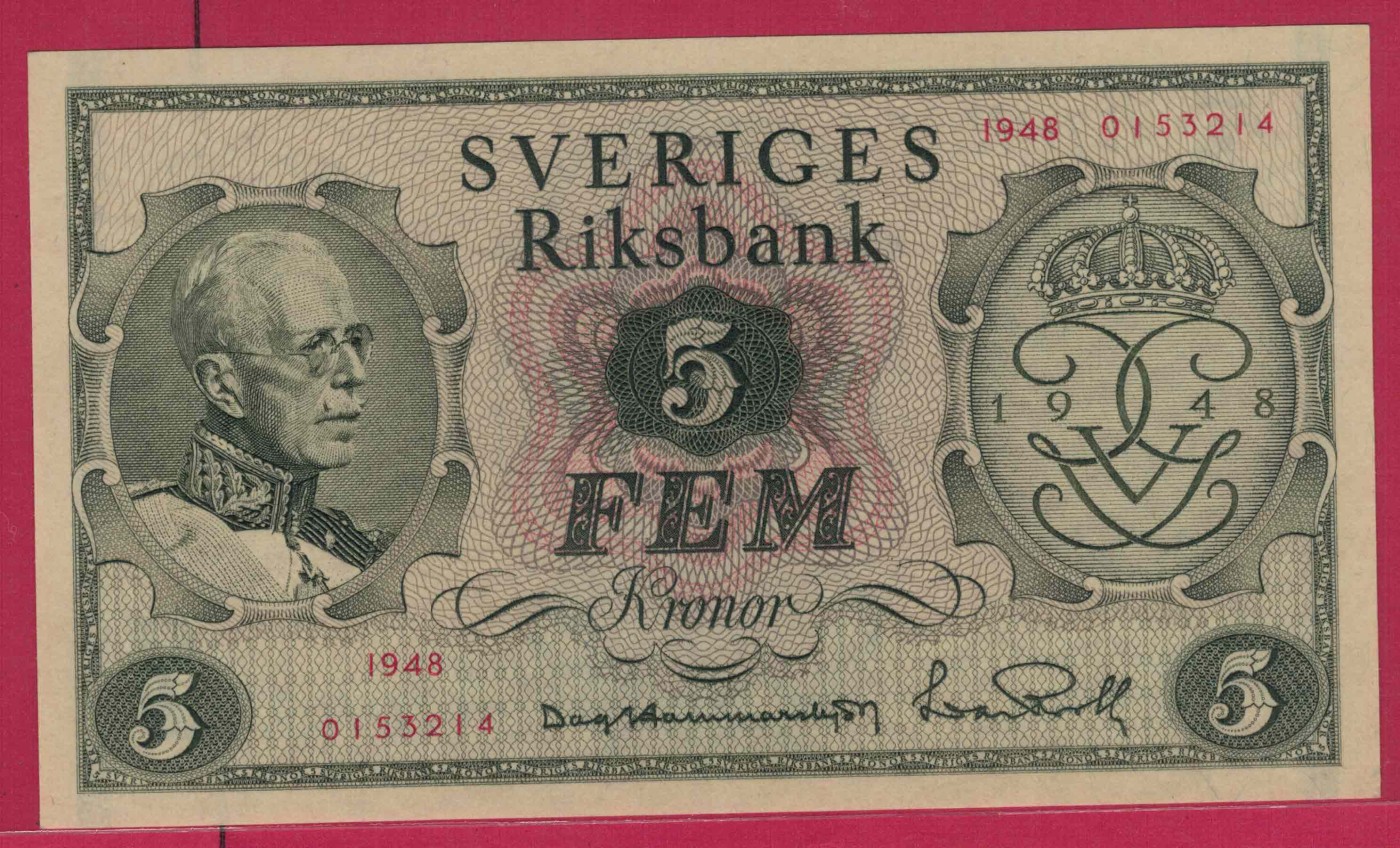 瑞典1948年5克朗 古斯塔夫五世国王诞辰90周年纪念钞 实物图 UNC