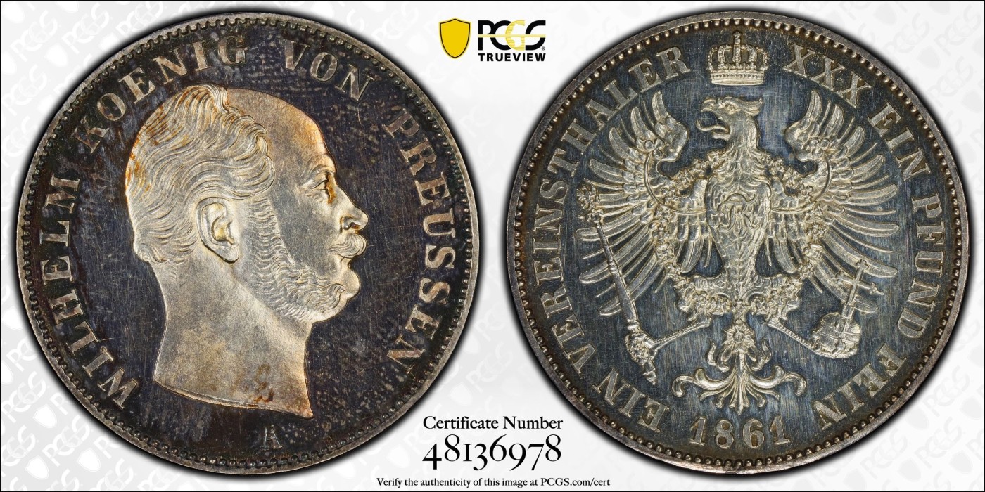 万国钱币拍卖第024期（诸神之战） PCGS PR63CAM 1861年德国威廉一世离冠鹰加冕首年流通1泰勒 精致深度镜面 唯一亚军分数 评级为PRCAM总共两枚 是早期威廉一世经典中的精品 近200年的深五彩 不可多得的尤物 近期欧拍一枚精致离冠2泰勒已过10w