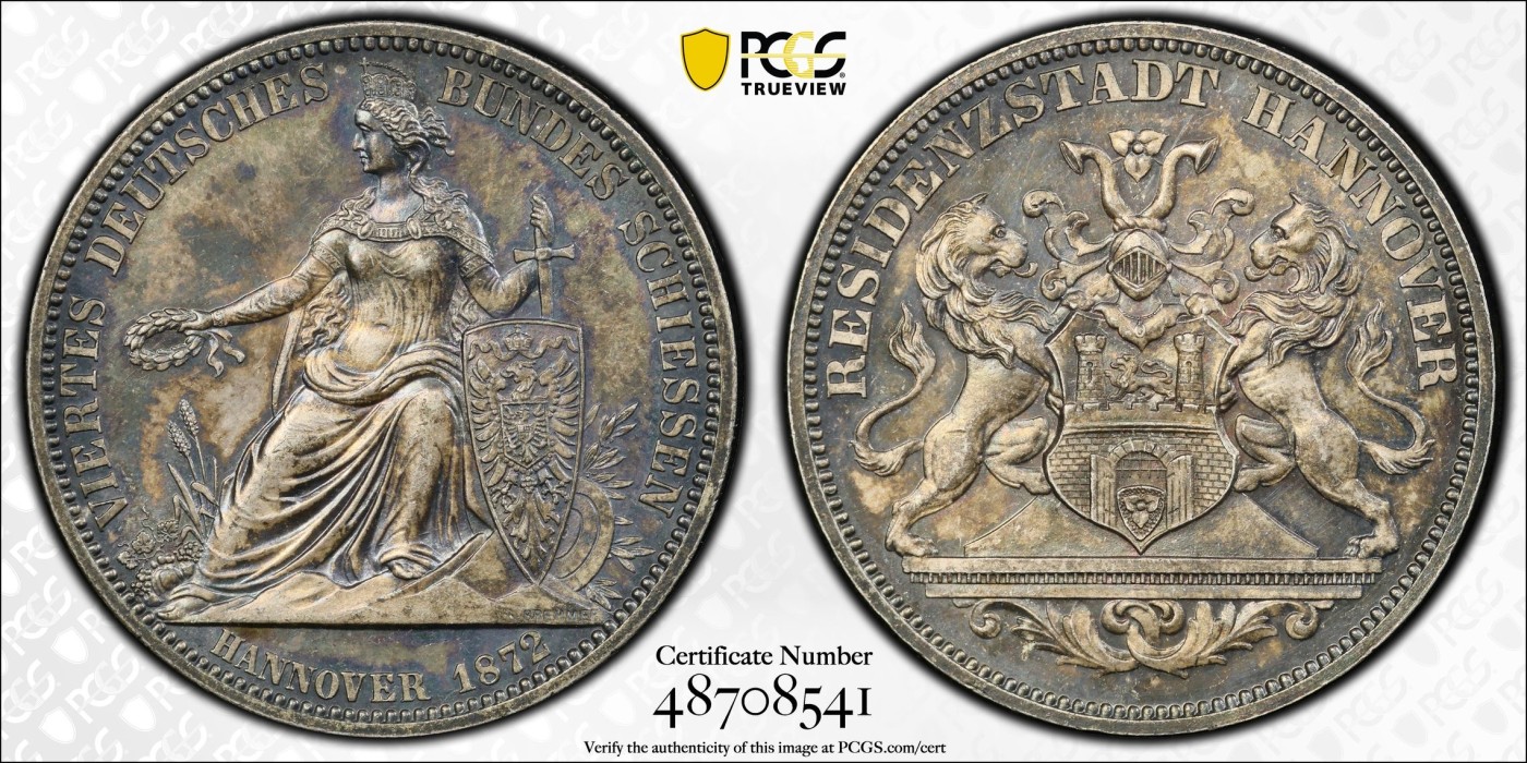 万国钱币拍卖第024期（诸神之战） PCGS SP62 1872年德国汉诺威双狮盾徽射击节1泰勒币章 最后的1泰勒 完美酱彩 高点完美