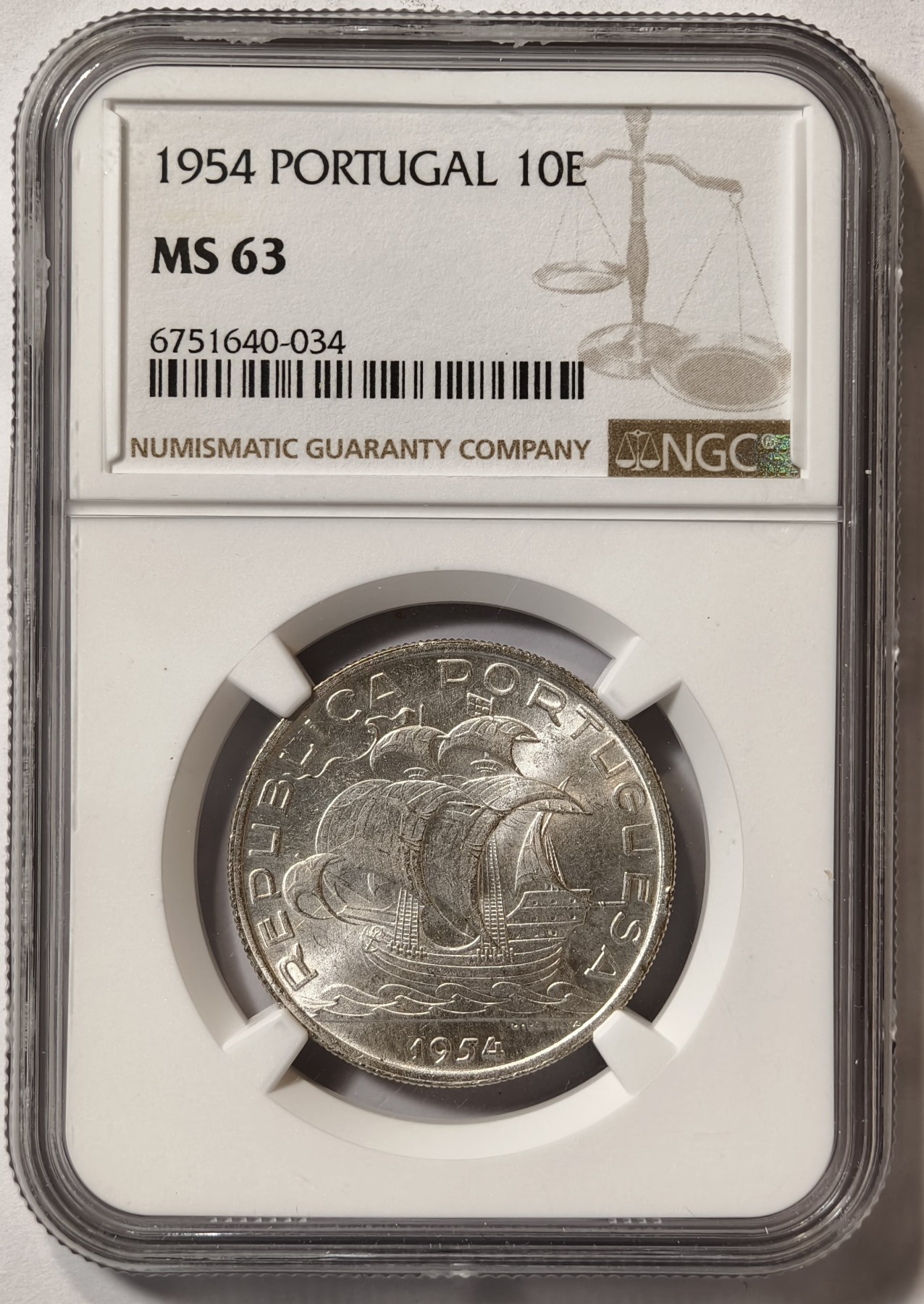 紫瑗钱币——第342期拍卖 葡萄牙 1955年 帆船 10埃斯库多 银币 NGC MS63