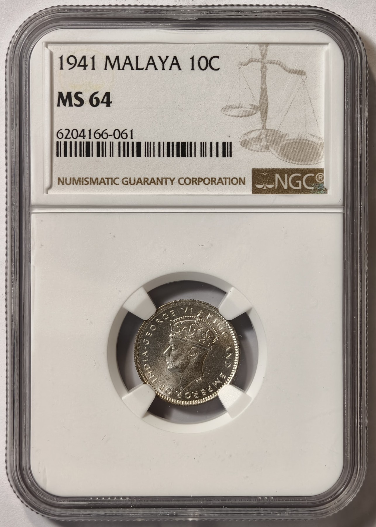 紫瑗钱币——第342期拍卖 马来亚 1941年 乔治六世 10分 银币 NGC MS64