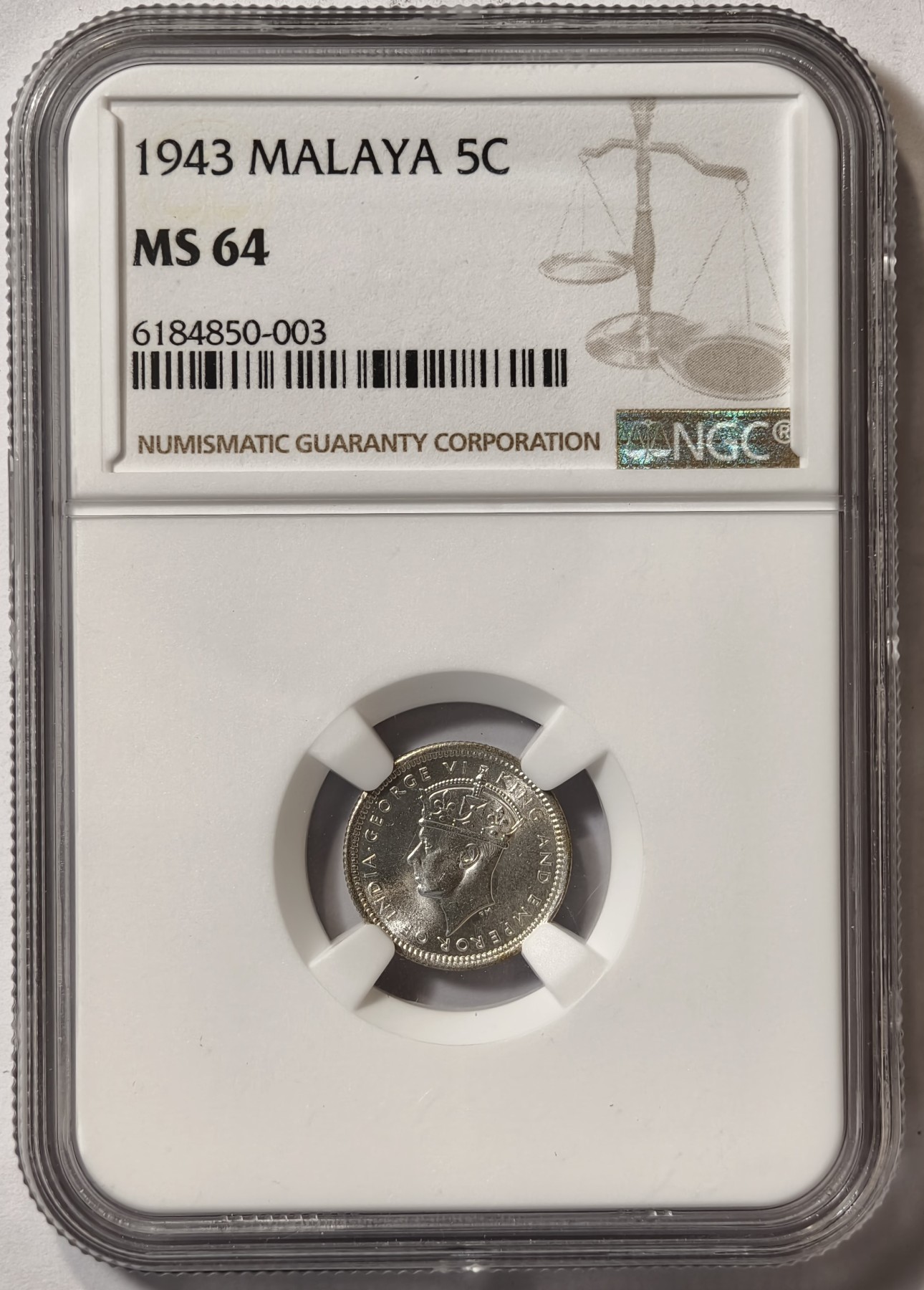 紫瑗钱币——第342期拍卖 马来亚 1943年 乔治六世 5分 银币 NGC MS64