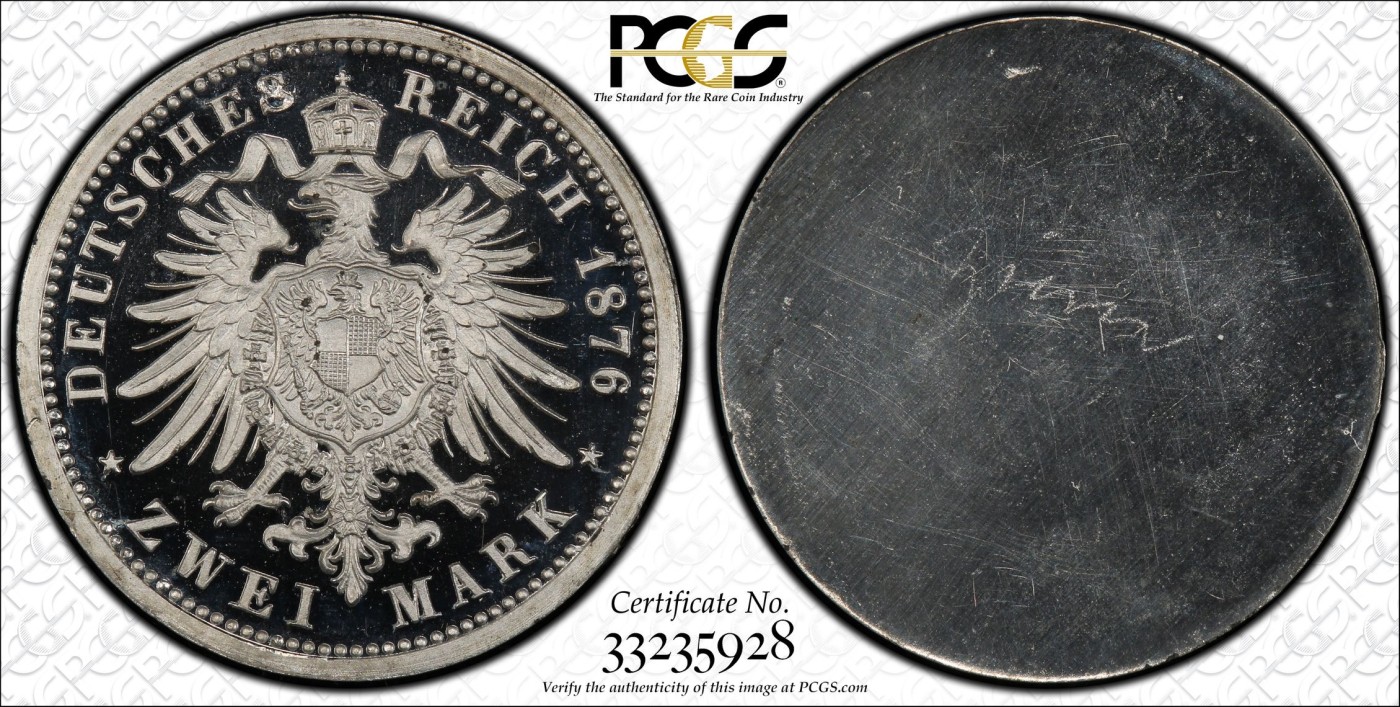 万国钱币拍卖第024期（诸神之战） PCGS PR65DCAM 1876德国2马克单面银样币 介于短翅和长翅之间的一种鹰型，完美镜面喷砂状态，银样罕见，马克进阶玩家不容错过的一枚。