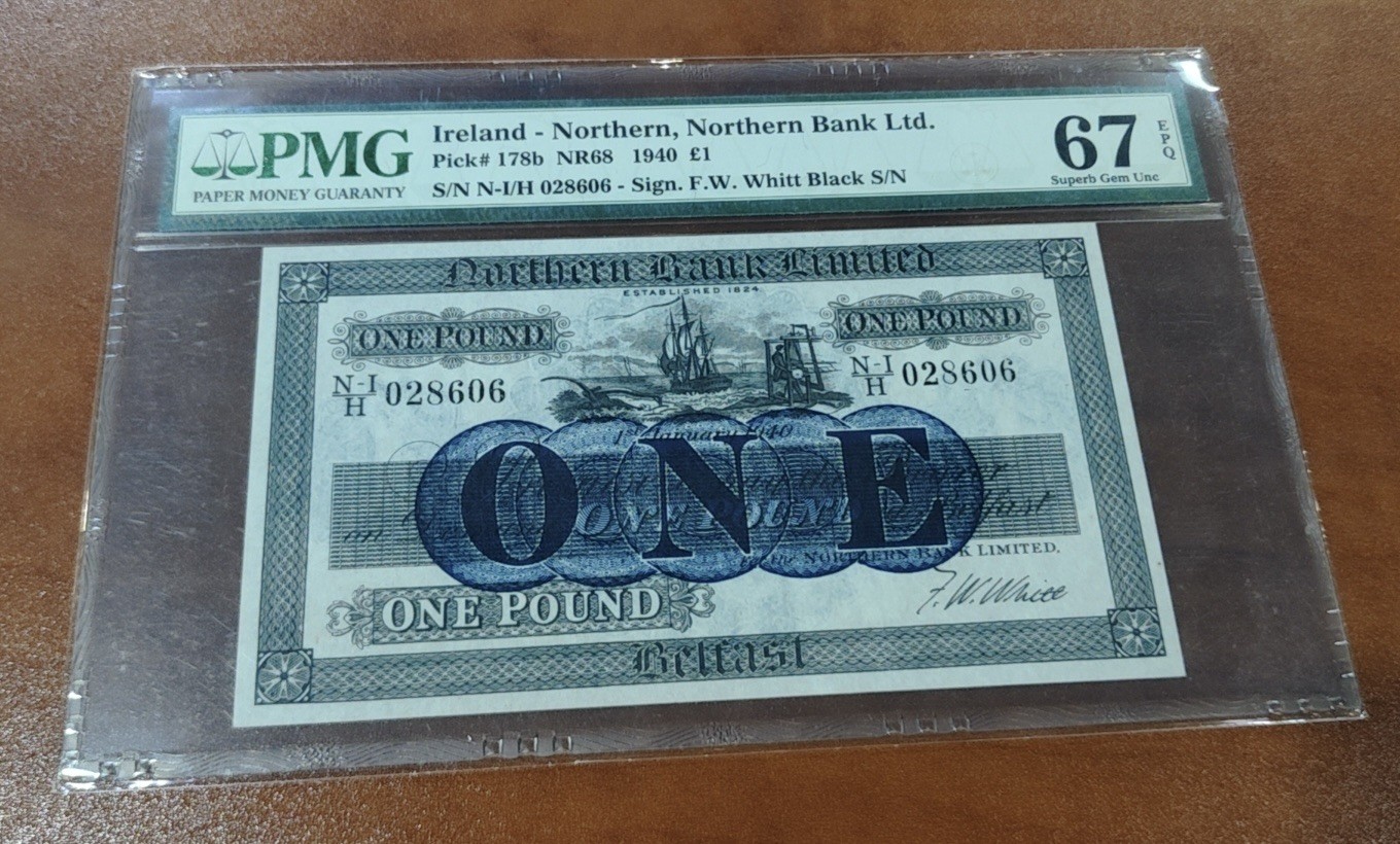 Chase Auction 第28期 - - 外钞、民国钞和人民币混合场！ 1940年北爱尔兰1镑，PMG67！