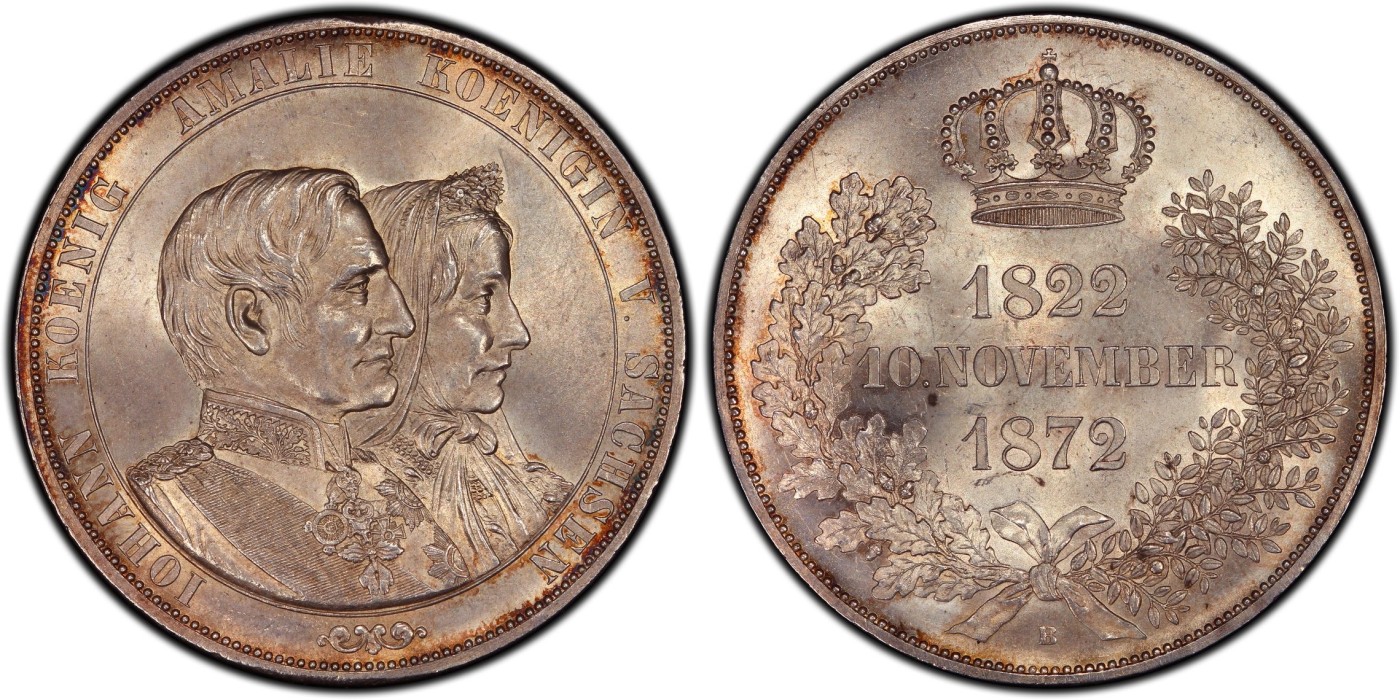 万国钱币拍卖第024期（诸神之战） PCGS MS64+ 1872年德国萨克森金婚2泰勒 最后的2泰勒 银光寒气逼人 淡金彩环绕 实在是手不释泰勒