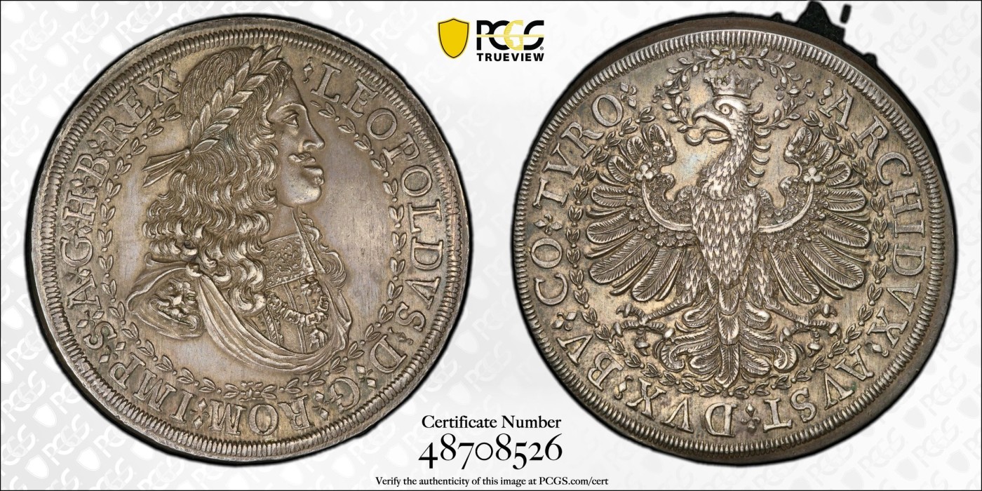 万国钱币拍卖第024期（诸神之战） PCGS MS62 1680年神圣罗马帝国利奥波德一世帝国鹰流通2泰勒大银币 原味欧洲包浆 发丝一根根 接近60克的巨型大银币