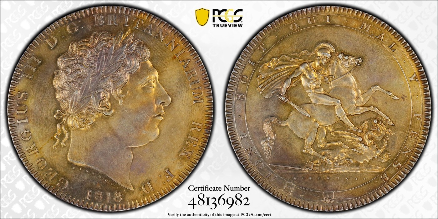 万国钱币拍卖第024期（诸神之战） PCGS UNCD 1818年英国乔治三世屠龙1克朗大银币 均匀金色包浆裹身 高点也有很优质的表现 