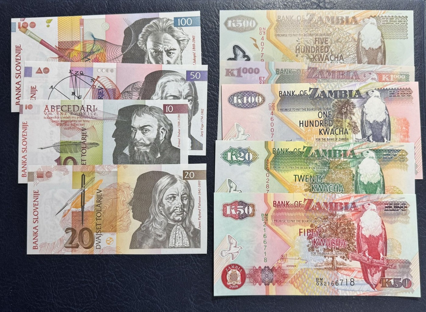 收藏联盟Quantum Auction 第341期拍卖  斯洛文尼亚1992-2003年10-100拖拉尔和赞比亚1992-2011年20-1000克瓦查 品相全新UNC