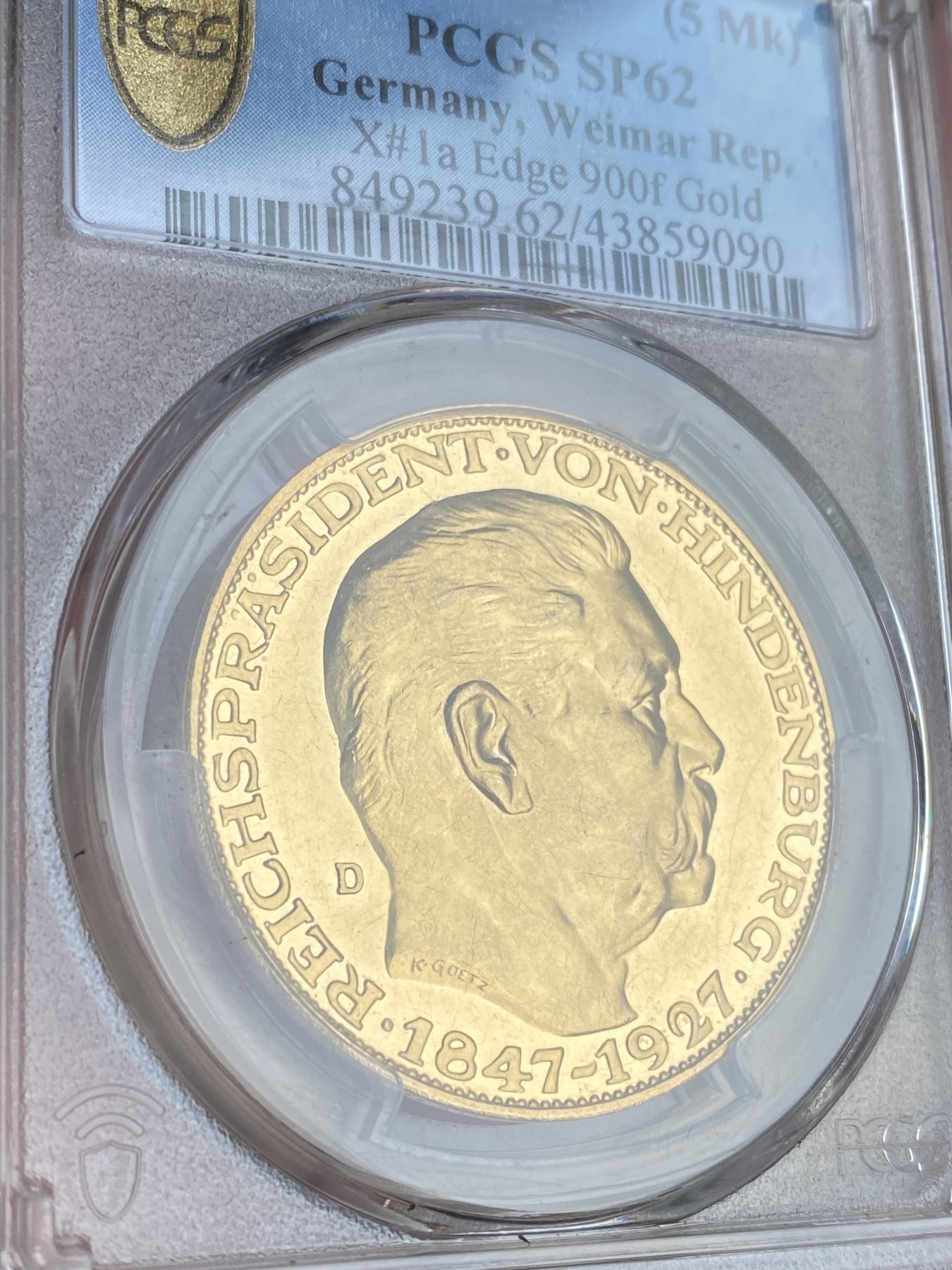 万国钱币拍卖第024期（诸神之战） PCGS SP62 1927年德国魏玛共和国兴登堡总统80大寿金质5马克币章 卡尔哥茨设计，大名誉品种，高点无损，底板镜面，22.4g大型金章，收藏与抗风险佳品，22年条顿堡裸章成交价约2.5万。