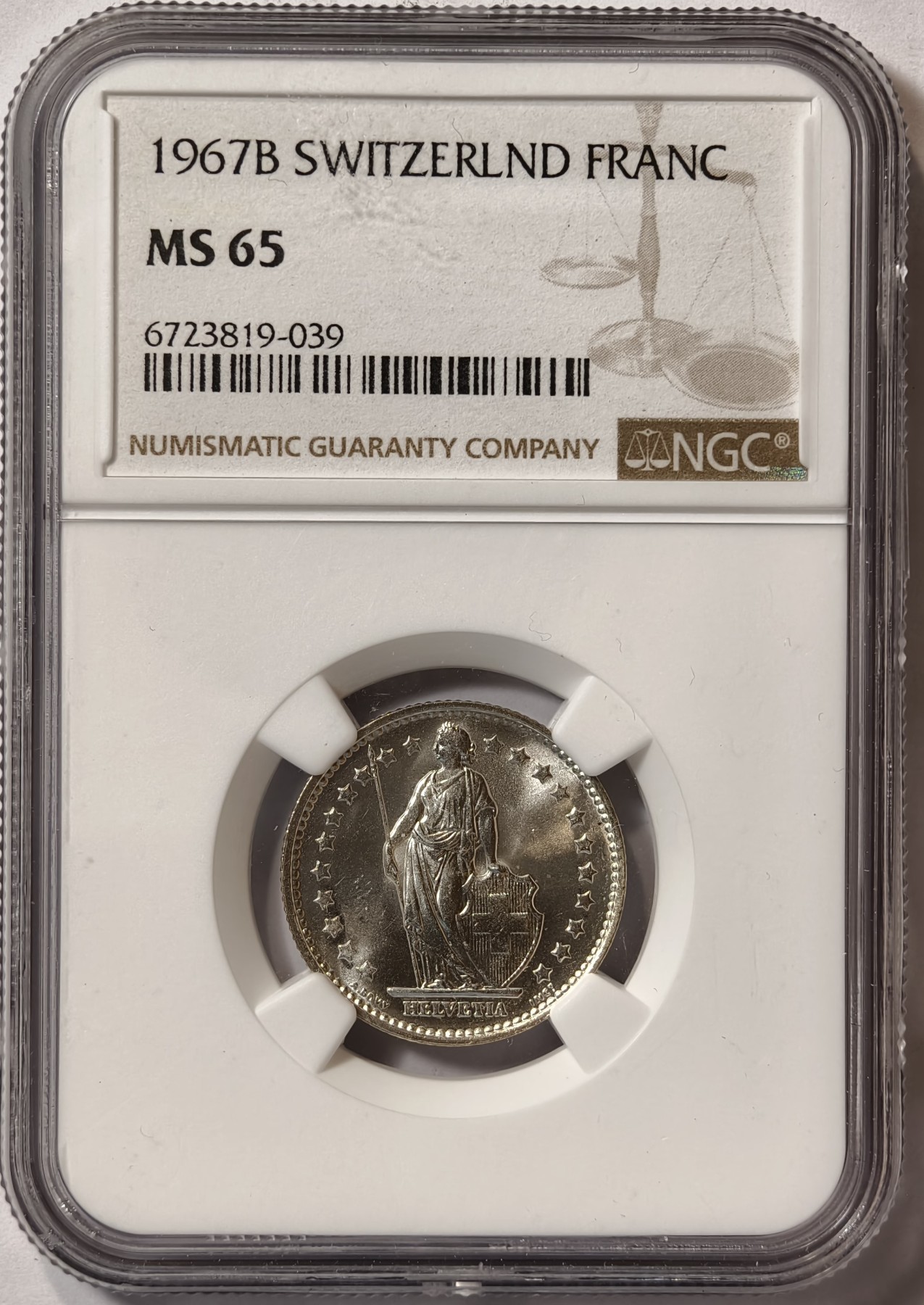 紫瑗钱币——第342期拍卖 瑞士 1967年 赫尔维蒂亚 1法郎 银币 NGC MS65