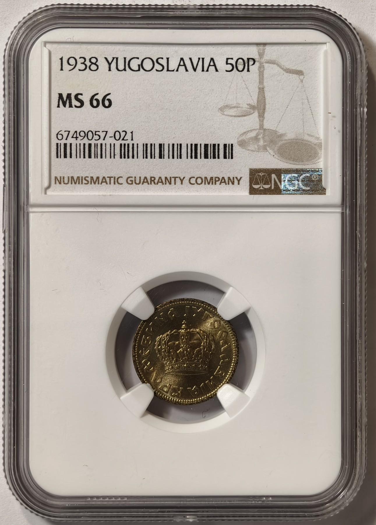 紫瑗钱币——第342期拍卖 南斯拉夫 1938年 王国时期 皇冠 50帕拉 铜币 NGC MS66