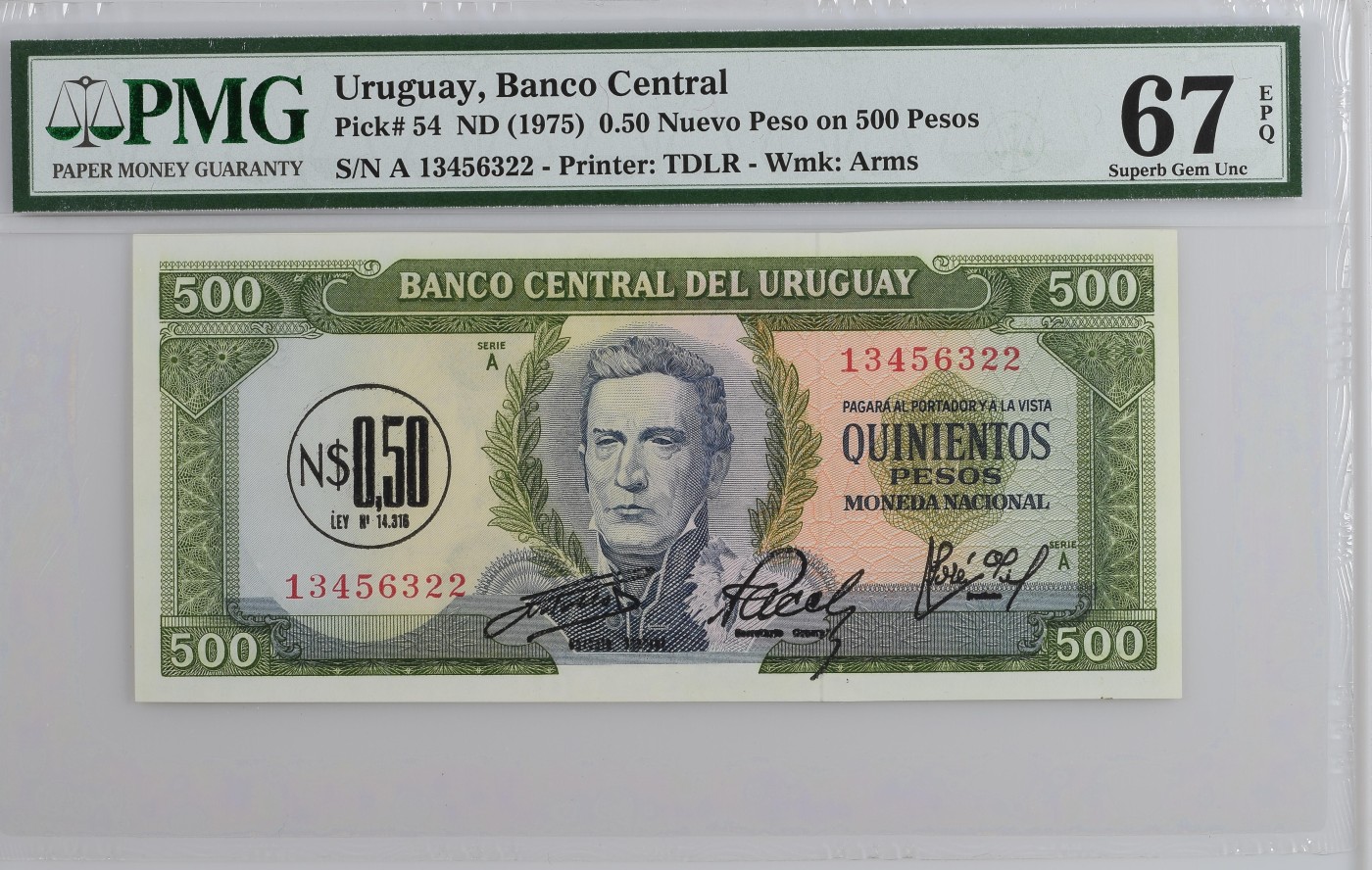收藏联盟Quantum Auction 第341期拍卖  乌拉圭1975年500比索加盖0.5新比索 PMG67