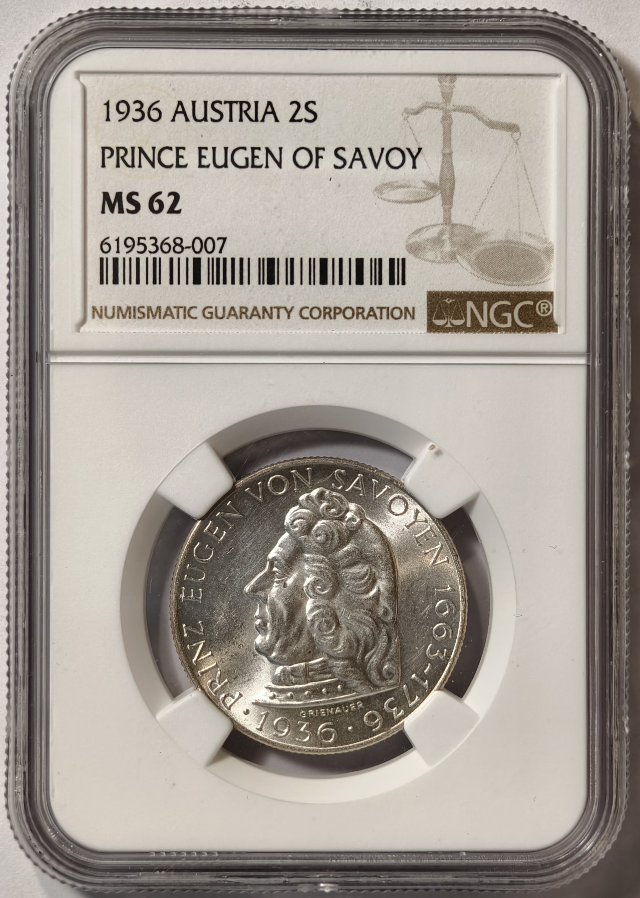 紫瑗钱币——第342期拍卖 奥地利 1936年 萨沃伊王子 2先令 银币 NGC MS62