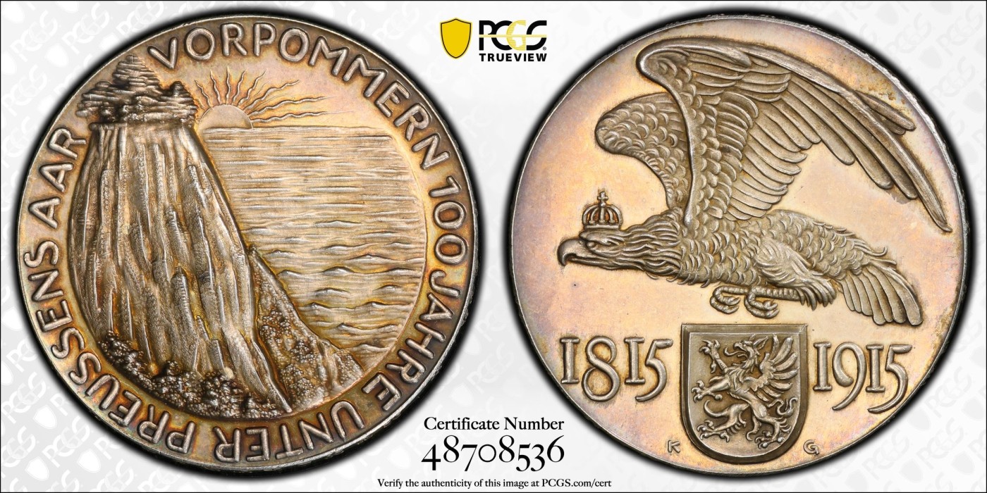 万国钱币拍卖第024期（诸神之战） PCGS SP63 1915年德国卡尔·哥茨设计波美拉尼亚并入普鲁士100周年纪念大银章 哥茨比较早期的款式非常少见且极具美感 普鲁士雄鹰和下方的格里芬盾徽艺术感拉满 唯一冠军分