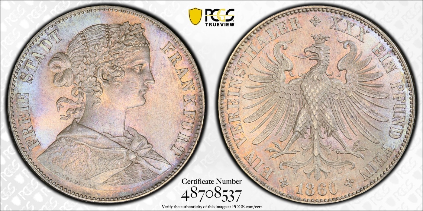 万国钱币拍卖第024期（诸神之战） PCGS MS64 1860年德国法兰克福女神鹰徽流通1泰勒 此版本首年 实物状态蓝金色渐变环彩 实实在在是太漂亮了 一旦上手就放不下来的状态