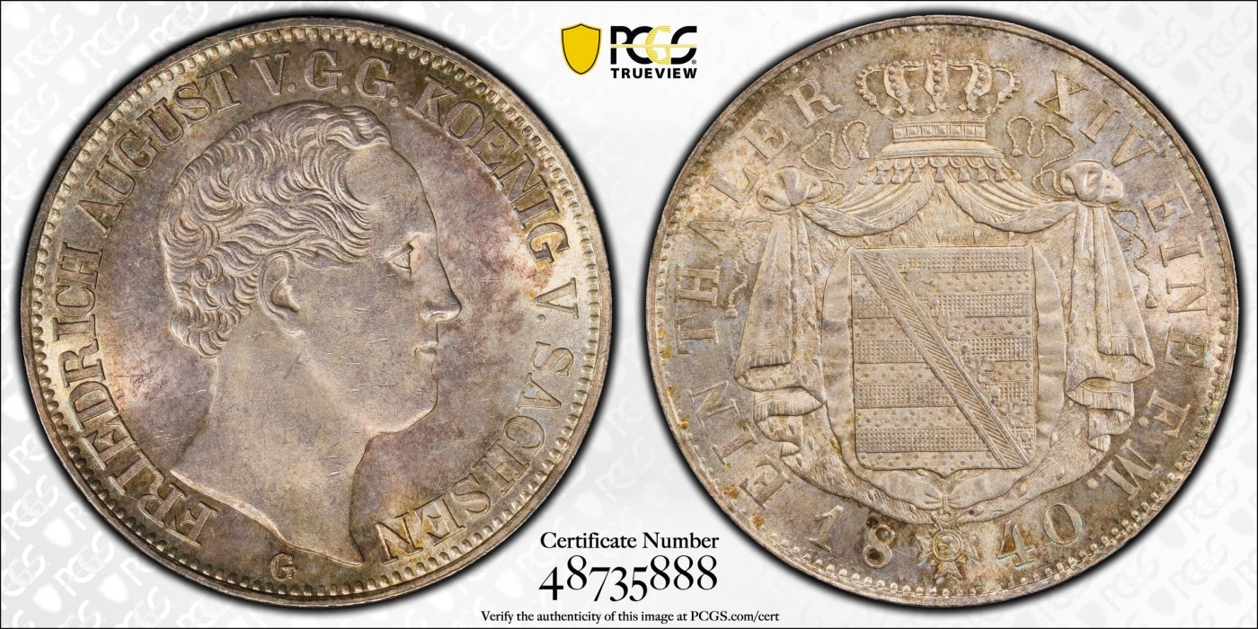 万国钱币拍卖第024期（诸神之战） PCGS MS63 1840年德国萨克森盾徽流通1协议泰勒 相较联合泰勒 协议泰勒整整大了一圈 如邮票般的镜面光泽与深邃的焕蓝彩诠释了“秀色可餐”