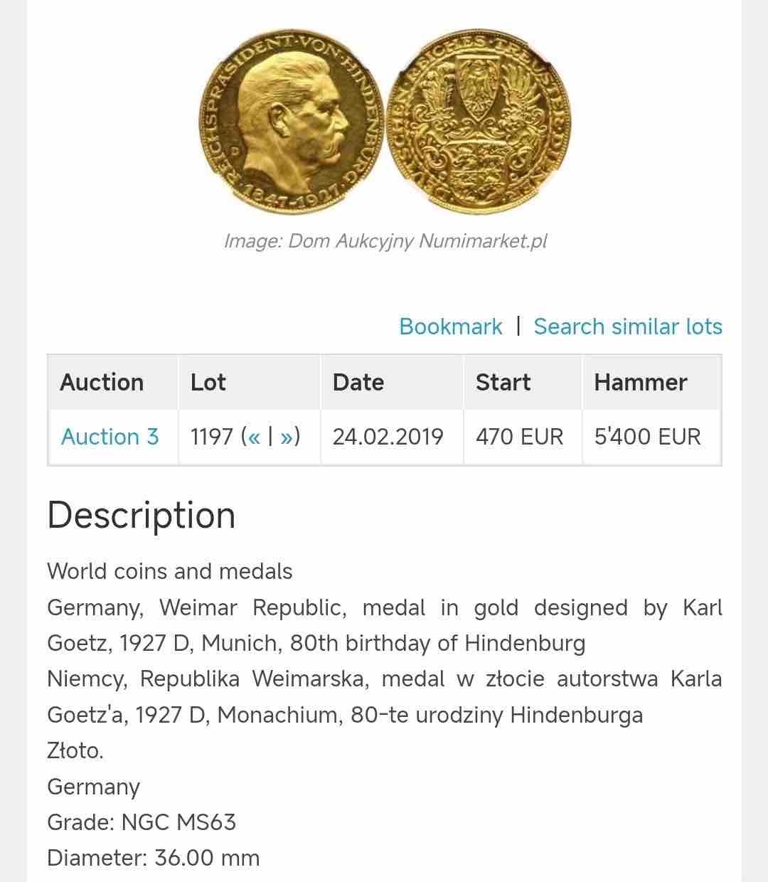 万国钱币拍卖第024期（诸神之战） PCGS SP62 1927年德国魏玛共和国兴登堡总统80大寿金质5马克币章 卡尔哥茨设计，大名誉品种，高点无损，底板镜面，22.4g大型金章，收藏与抗风险佳品，22年条顿堡裸章成交价约2.5万。