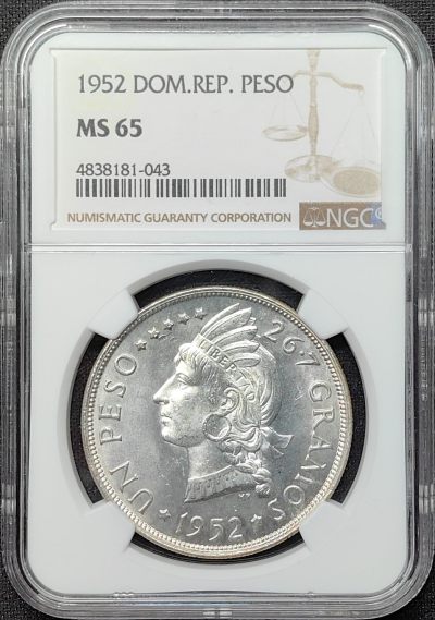 第34期钱币微拍 全场顺丰包邮 - NGC MS65 多米尼加共和国 1952年 1比索银币 高分