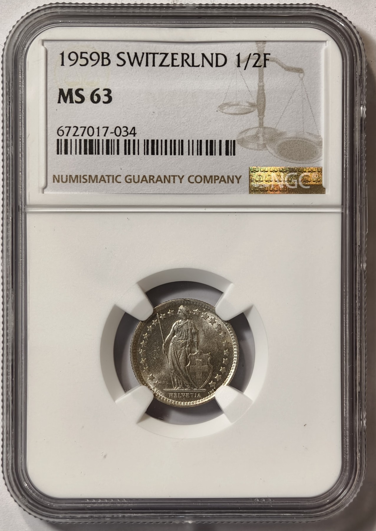 紫瑗钱币——第342期拍卖 瑞士 1959年 B版 赫尔维蒂亚 1/2法郎 银币 NGC MS63