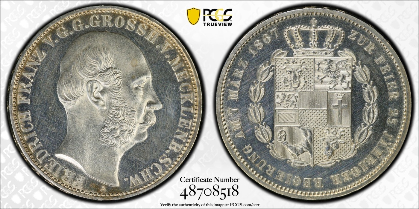 万国钱币拍卖第024期（诸神之战） PCGS PR63CAM 1867德国梅克伦堡精制纹章1泰勒 好品难得的小邦品种，精制CAM更是凤毛麟角，喷砂质感的纹章搭配上镜面感极强的底板实在是赏心悦目。