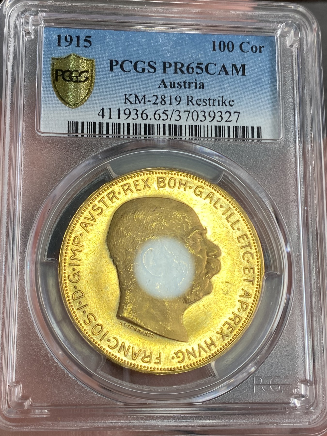 万国钱币拍卖第024期（诸神之战） PCGS PR65CAM 1915（后铸）奥地利精制100克朗金币 完美镜面状态，33.88g，900金。