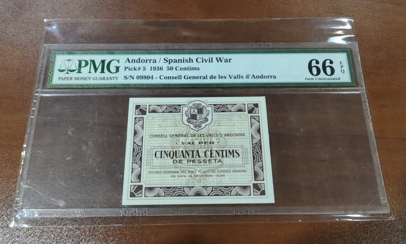Chase Auction 第28期 - - 外钞、民国钞和人民币混合场！ 1936年安道尔50分，PMG66！