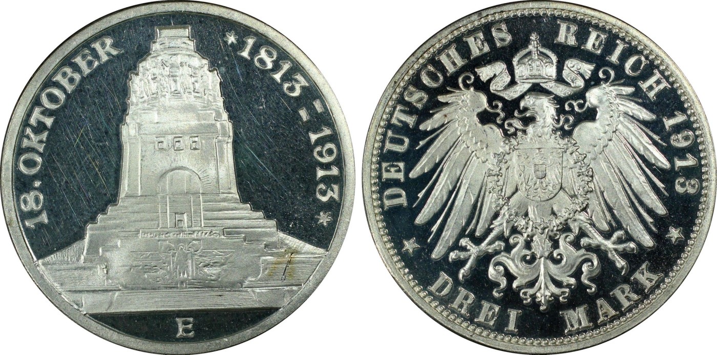 万国钱币拍卖第024期（诸神之战） PCGS PR64DCAM 1913年德国莱比锡民族大会战建功碑精致纪念3马克 完美的黝黑底板与银霜喷砂