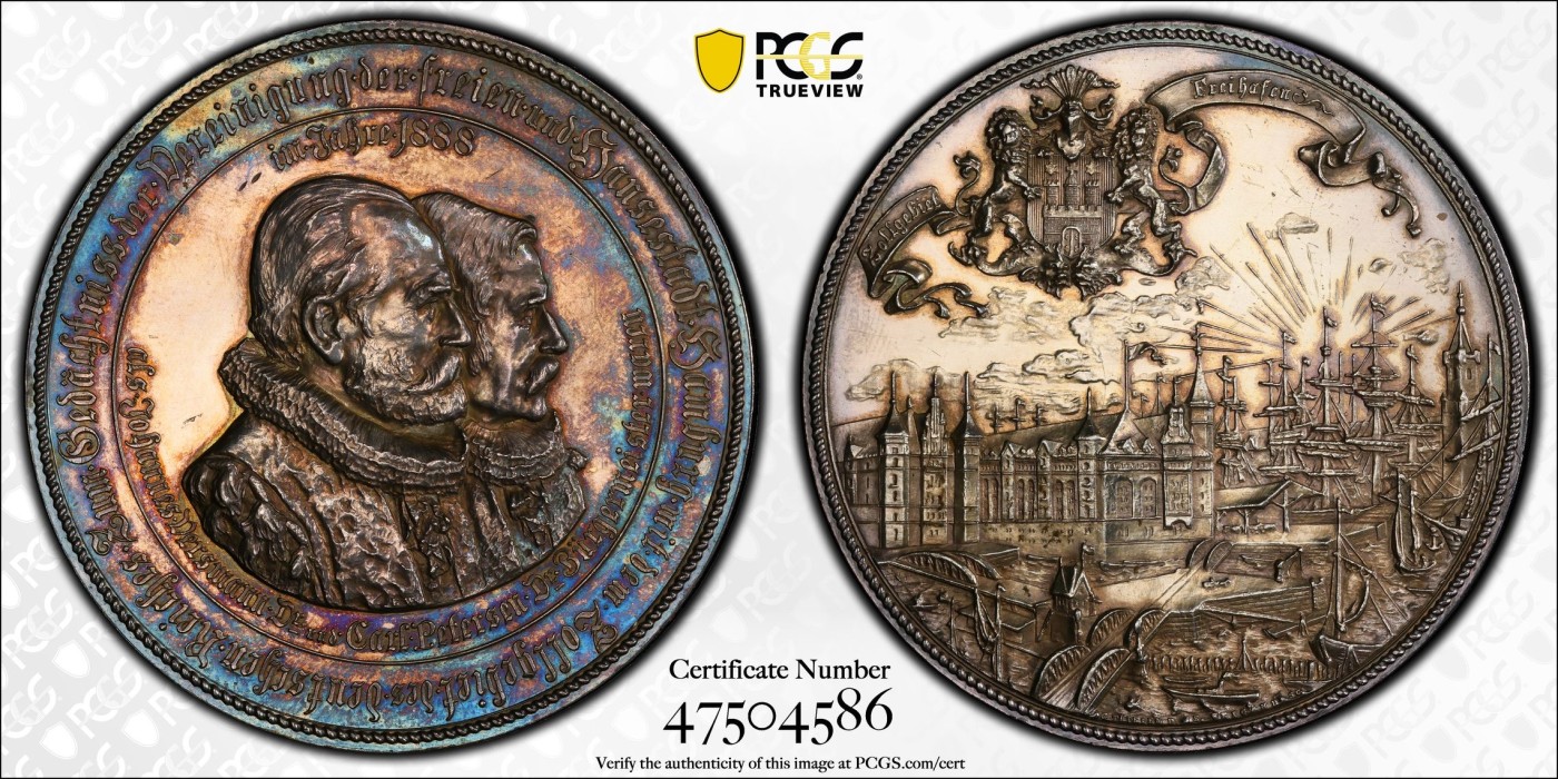 万国钱币拍卖第024期（诸神之战） PCGS SP61 德国1888年汉堡自由市与帝国关税区统一纪念五彩大银章 55mm 60g 正面为汉堡市长威斯曼和皮特森 背面为汉堡海关大楼与港口景观 极其漂亮 