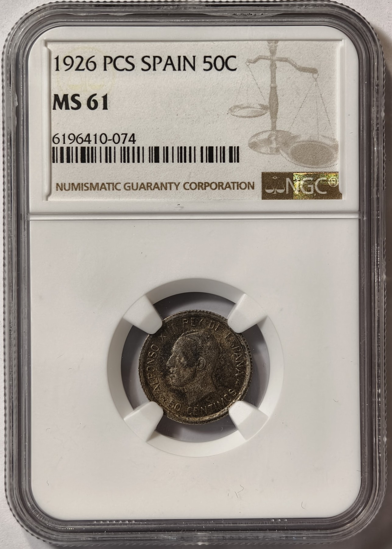 紫瑗钱币——第342期拍卖 西班牙 1926年 阿方索十三世 50分 银币 NGC MS61