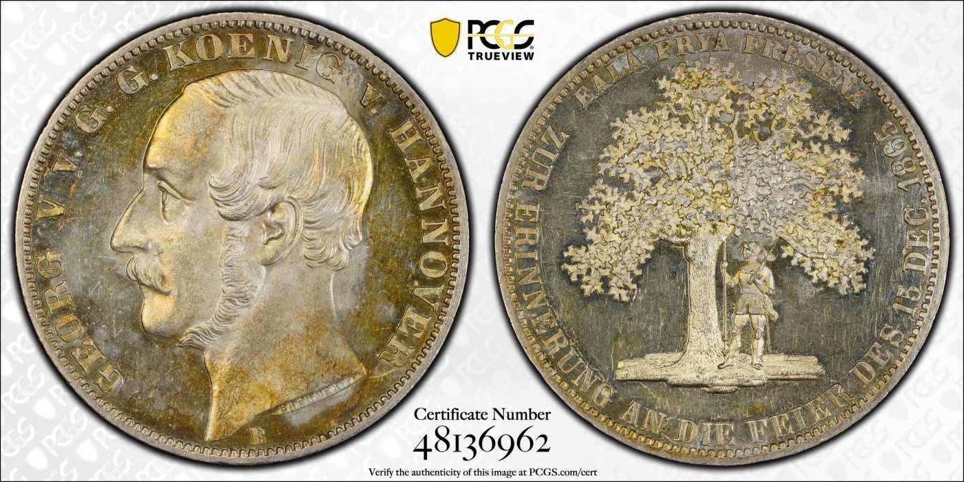 万国钱币拍卖第024期（诸神之战） PCGS MS62PL 1865年德国汉诺威橡树箴言1泰勒 近几年很难再见到BU品质 2000的发行量使得大部分高品都被珍藏住 此枚浑身金彩 高点锋利如刀 绝对是一枚亦藏亦赏亦玩的选择
