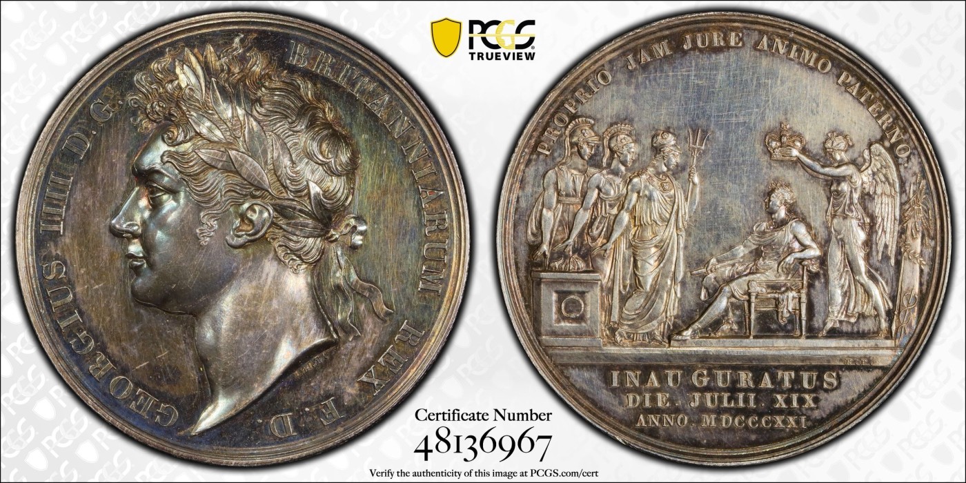 万国钱币拍卖第024期（诸神之战） PCGS SP62 1821年英国乔治四世加冕纪念大银章 焕蓝彩高浮雕英系名誉品种 无论状态还是品相都有非常舒服的表现 近几年稳定上涨品种 刚刚结束的SBP拍卖61分成交价1200美金