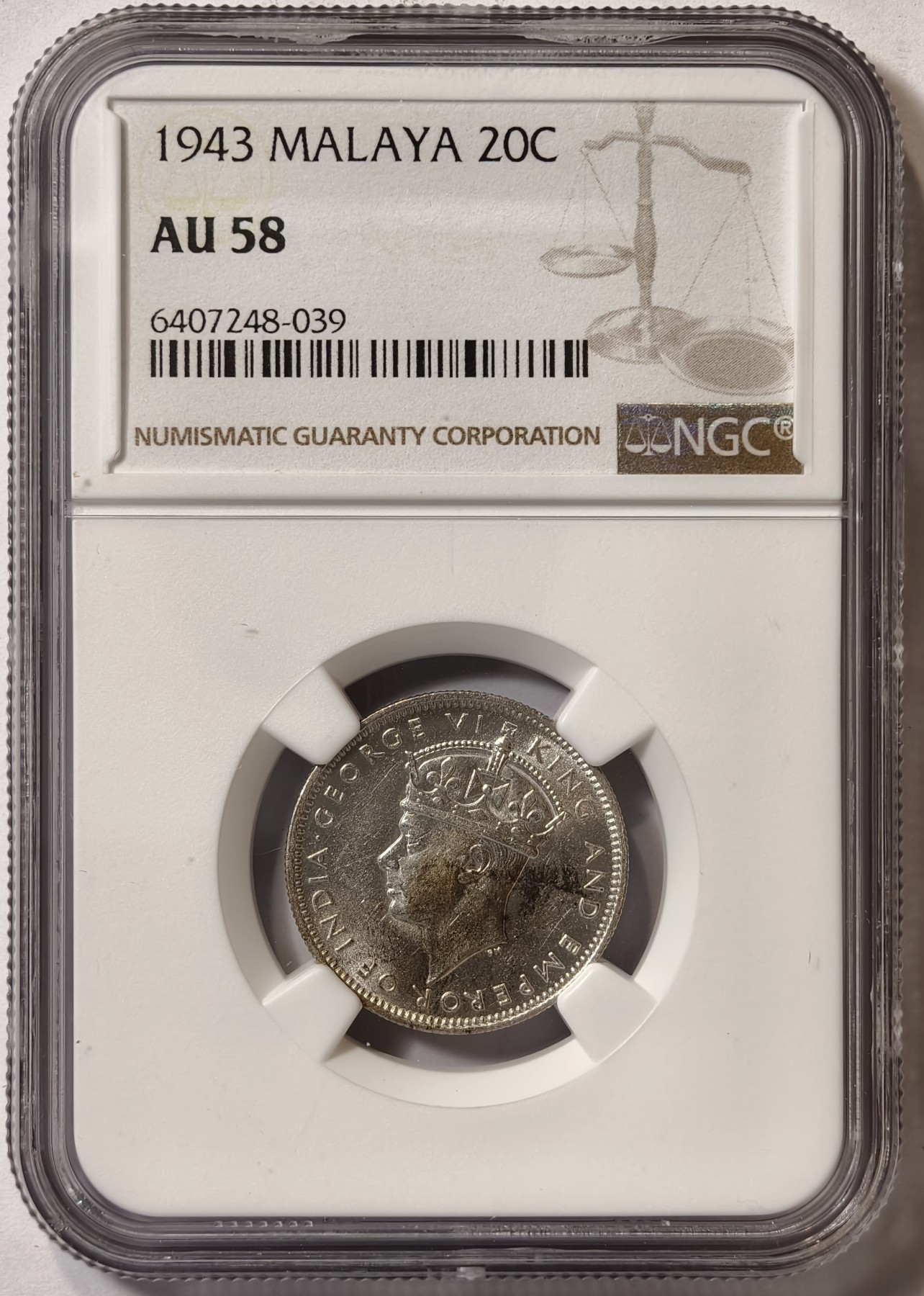 紫瑗钱币——第342期拍卖 马来亚 1943年 乔治六世 20分 银币 NGC AU58
