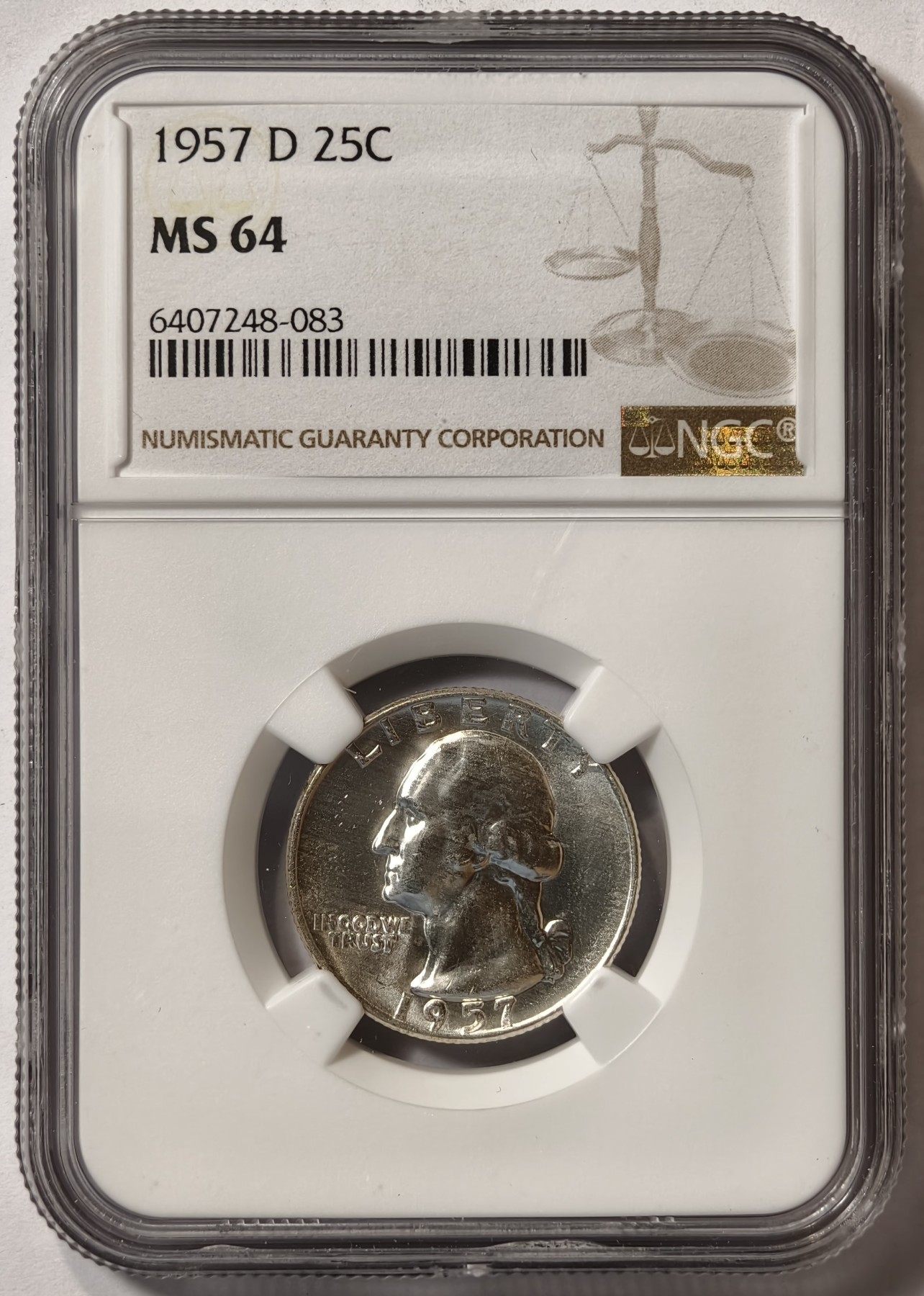 紫瑗钱币——第342期拍卖 美国 1957年 D版 华盛顿 25美分 银币 NGC MS64